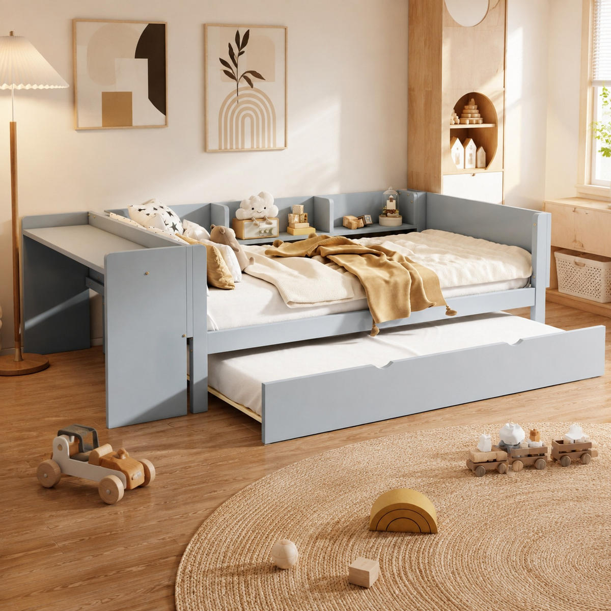 JUGENDBETT 90/200 mit Ausziehbett, Schreibtisch, 3 Regalen und Lattenrost in Grau - Grau, Holzwerkstoff (90/200cm) - EVRYAE
