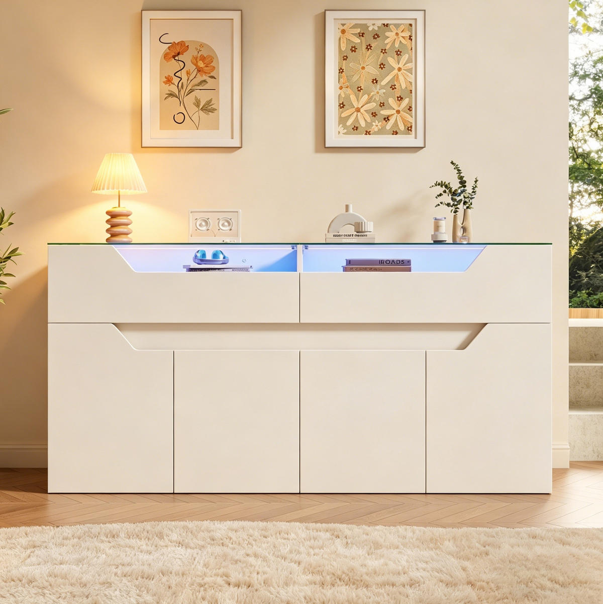 SIDEBOARD 140/40/70 cm weiß aus MDF mit Glasplatte und LED - Weiß, Holzwerkstoff (140/70/40cm) - OKWISH