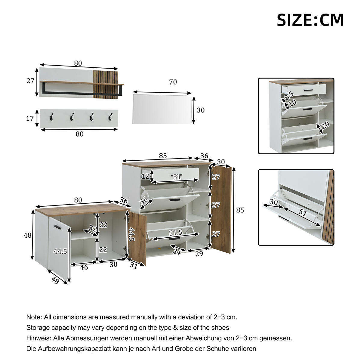SCHUHSCHRANK aus Spanplatte 85x36x85cm in Weiß mit 5-teiligem Flurset - Weiß, Holzwerkstoff (85/85/36cm) - Modfu