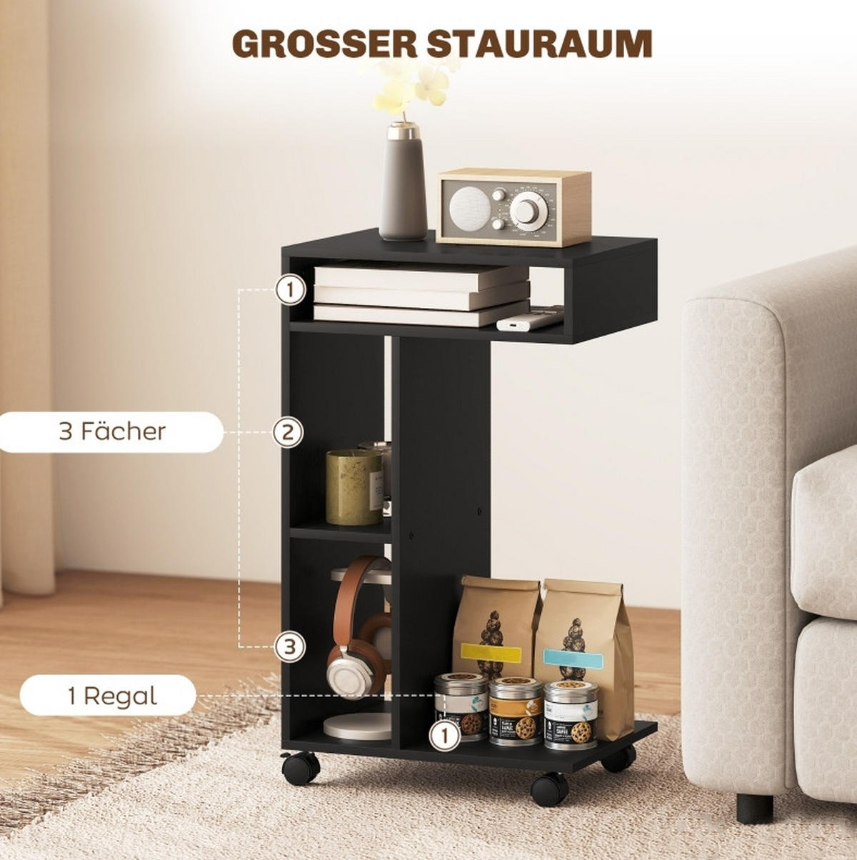 BEISTELLTISCH 30/40/69 cm schwarz aus Holz mit Rollen - Schwarz, Holz (30/40/69cm) - OKWISH