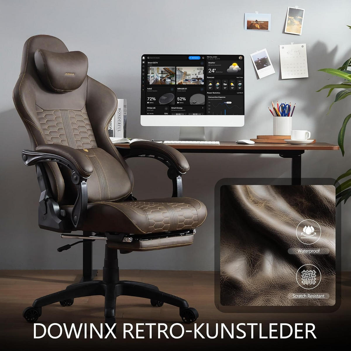 GAMING-STUHL & hoher Rückenlehne, Massagefunktion PU-Leder - Braun, Leder (61/117/61cm)