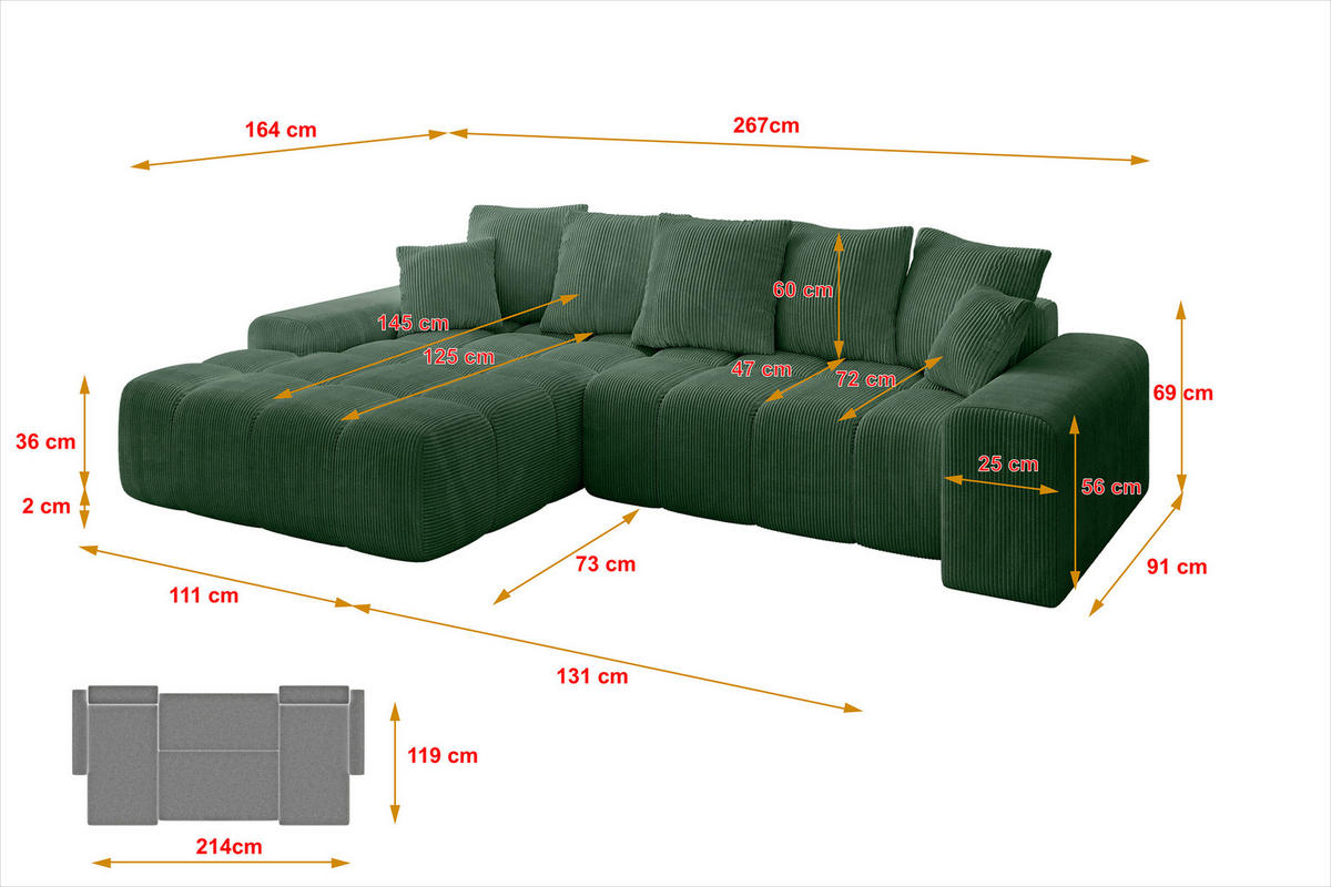 ECKSOFA Ottomane Links ENSI-L - 267x164x69 cm Grün - Grün, Holzwerkstoff/Kunststoff (267/164cm) - ALTDECOR