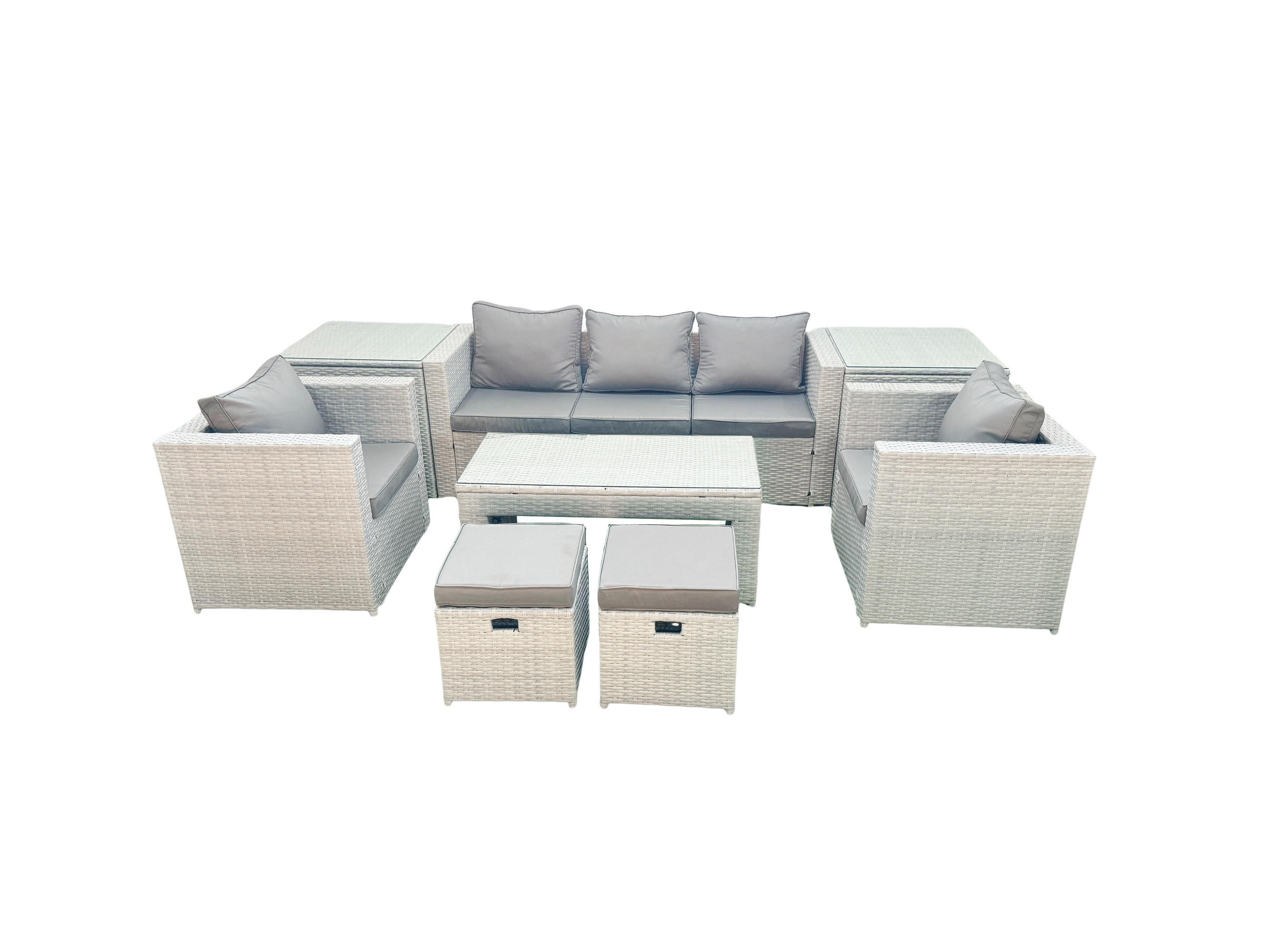 GARTENSET mit 3-SITZER SOFA,COUCHTISCH Polyrattan Hellgrau-Mix 7-Sitzer - Hellgrau/Grau, Glas/Kunststoff - Fimous
