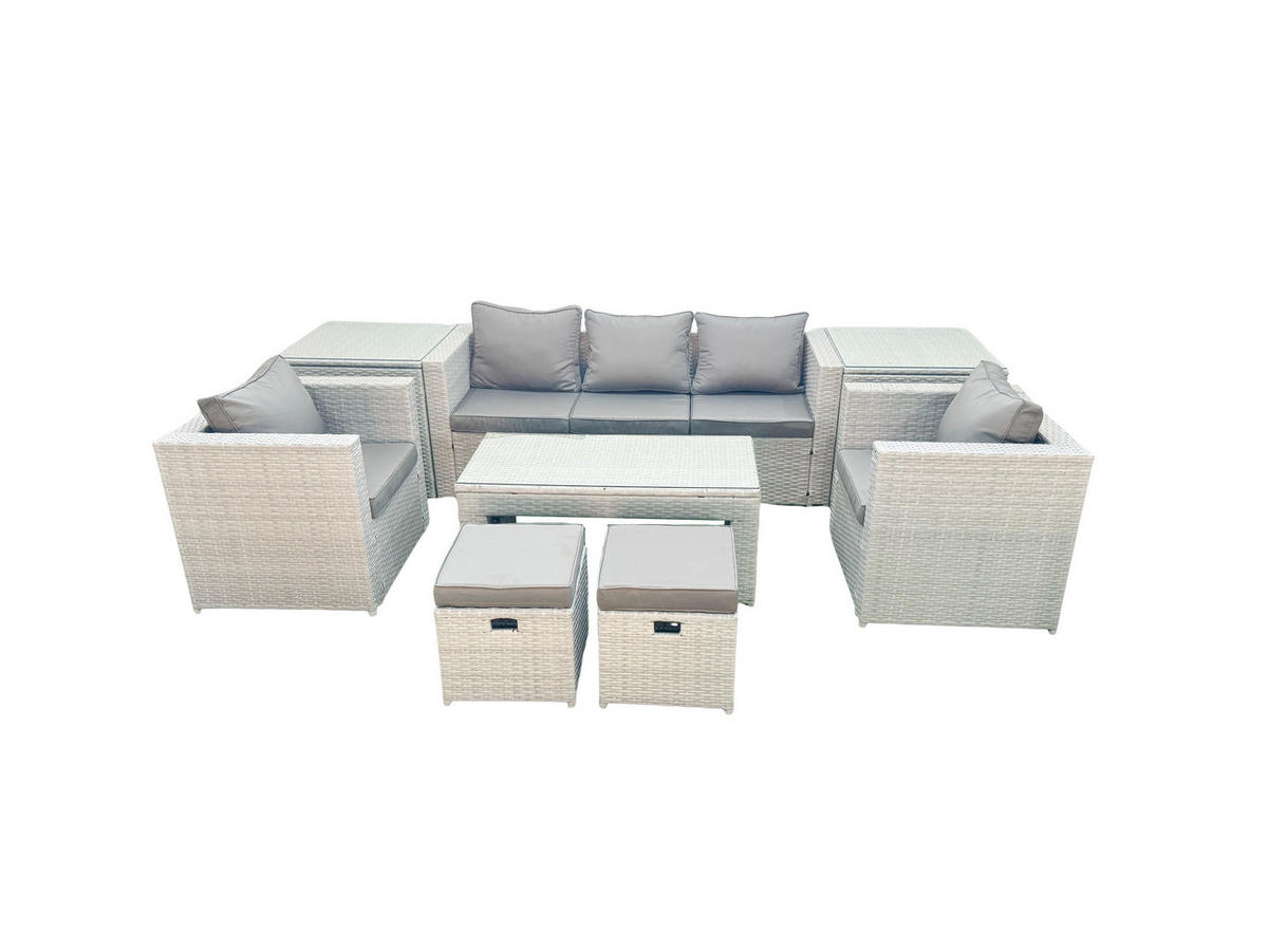 GARTENSET mit 3-SITZER SOFA,COUCHTISCH Polyrattan Hellgrau-Mix 7-Sitzer - Hellgrau/Grau, Glas/Kunststoff - Fimous