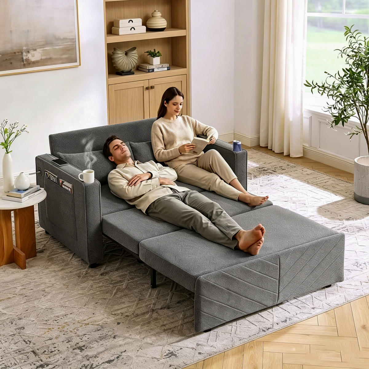 SCHLAFSOFA 2-Sitzer aus Holz und Stoff mit USB-Ladefunktion Dunkelgrau - Dunkelgrau, Holz (134/73/195cm) - Modenvie