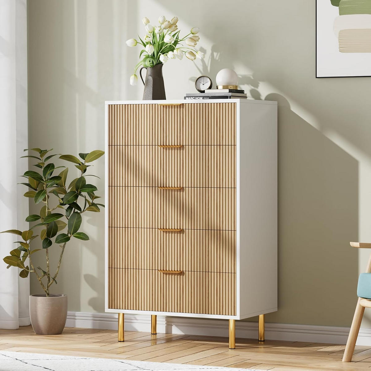KOMMODE 5 Schubladen Stauraum khaki - Naturfarben, Holz (34/109.8/60cm) - Fortuna Lai