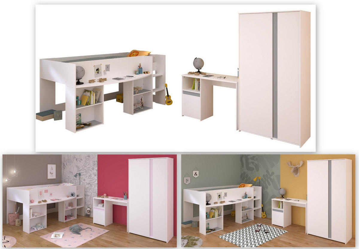 KINDERZIMMER Set 3-tlg. Kleiderschrank Schreibtisch Hochbett 90x200 - Weiß, Holz/Holzwerkstoff (90/182/200cm) - Parisot Meuble