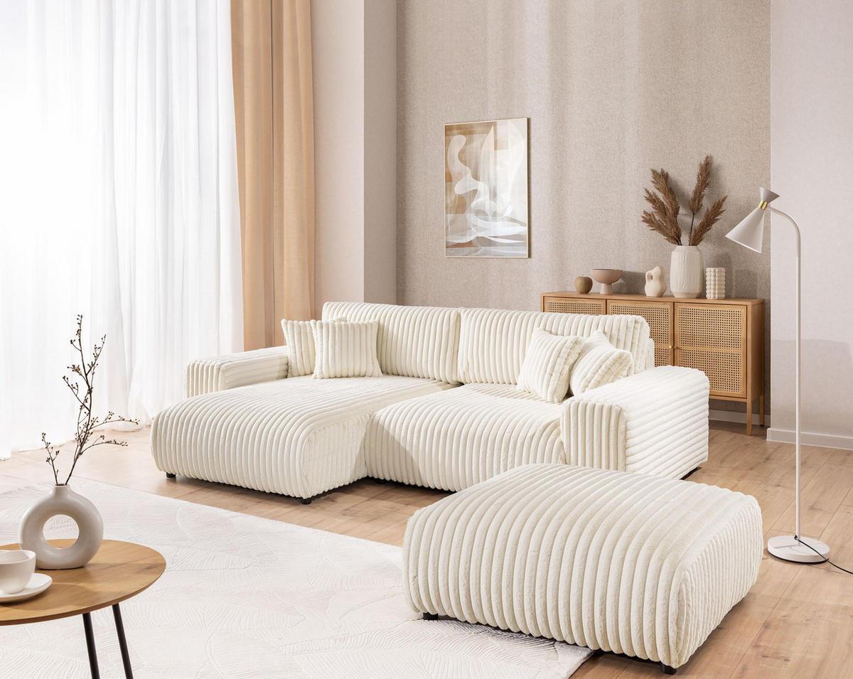 ECKSOFA Mollis Hellbeige Plüschcord - Ottomane Links - Beige/Schwarz, Holz/Kunststoff (255/168cm) - S-Style Möbel