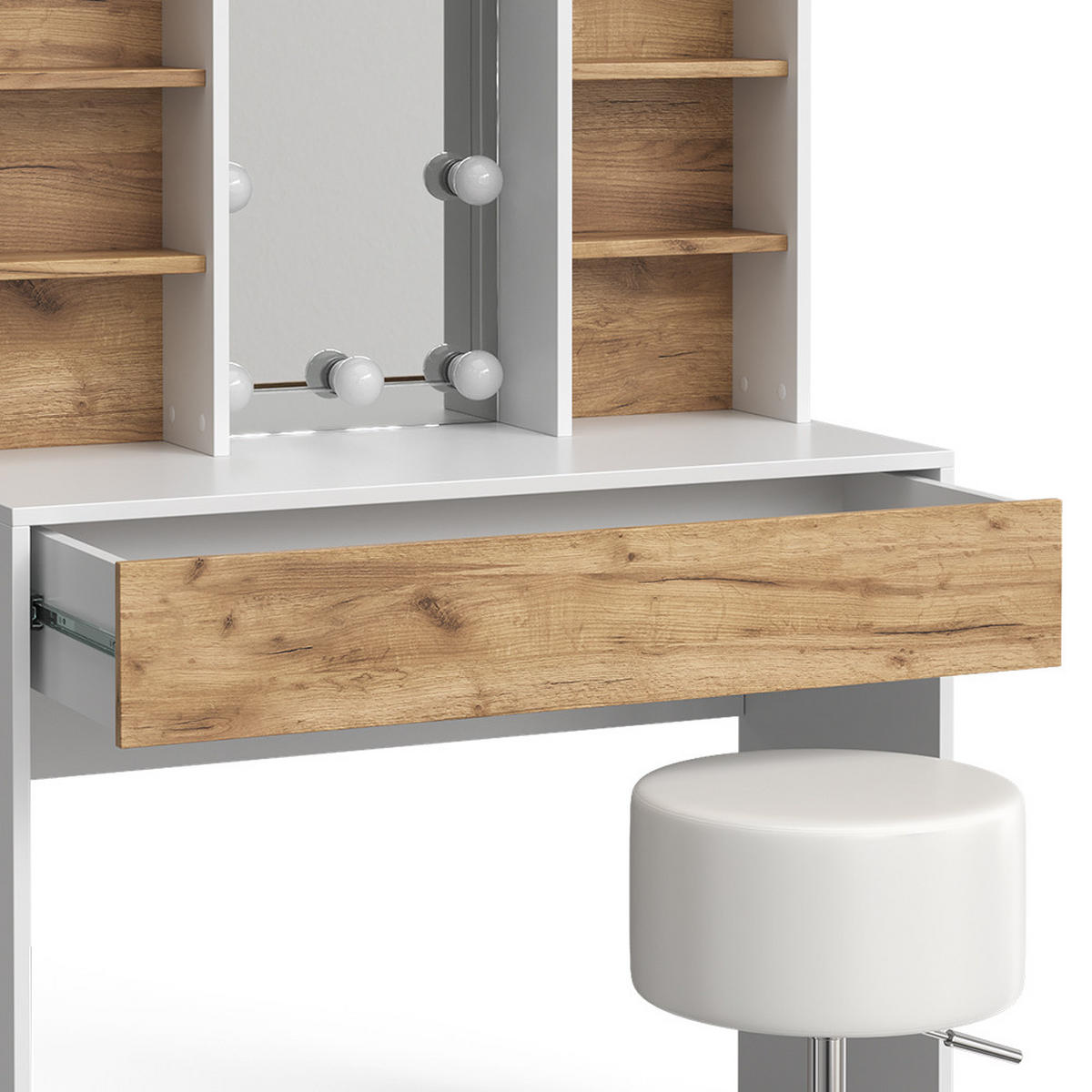 SCHMINKTISCH Alexa Goldkraft Eiche/Weiß 93 cm mit LED Beleuchtung und Hocker - Honigeiche/Weiß, Holzwerkstoff (93/147/40cm) - Vicco