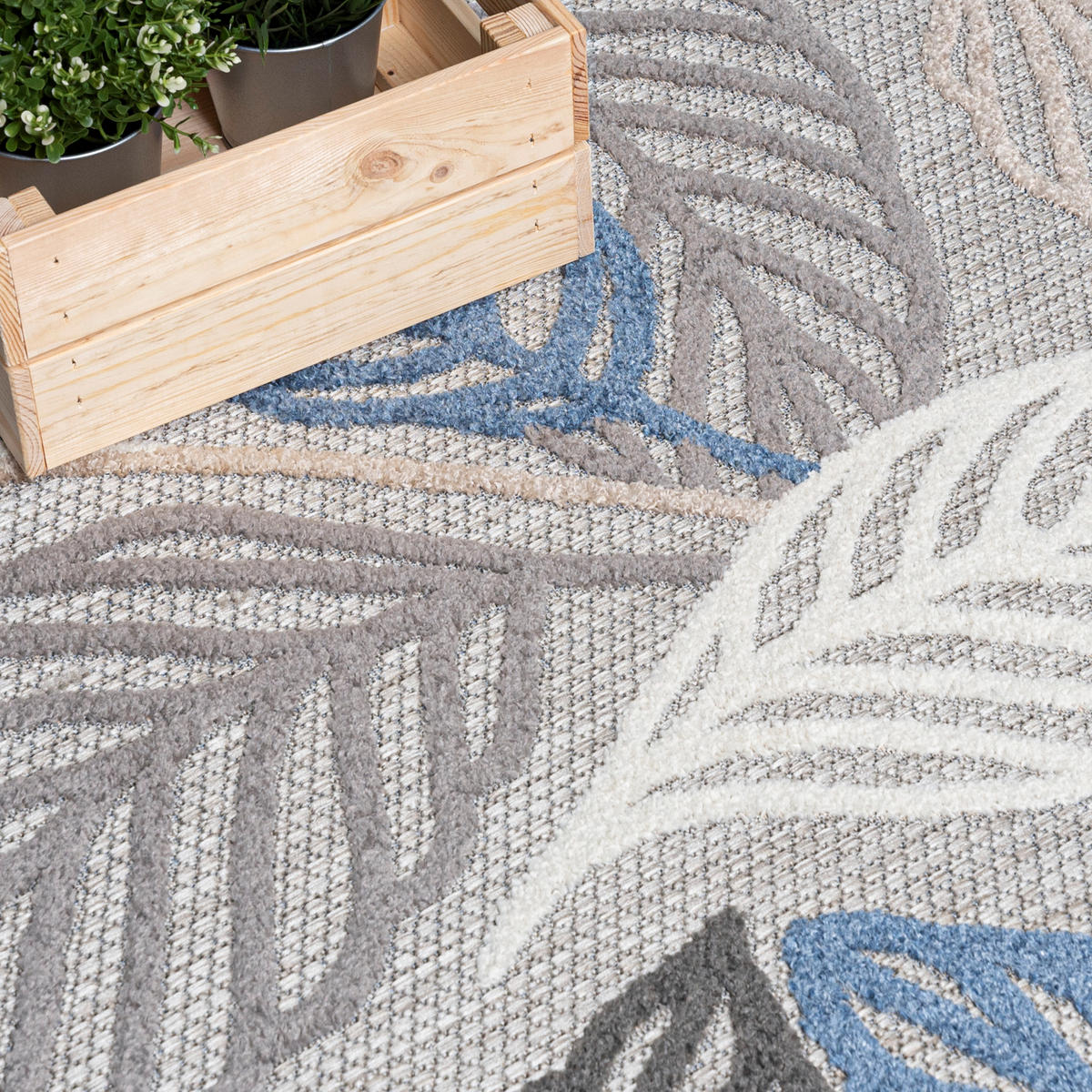 TEPPICH Outdoor Blue Grey Pflanzlich Laub Kurzflor Rechteckig- 120x170 cm - Hellblau, Textil (120/170cm) - Mazovia