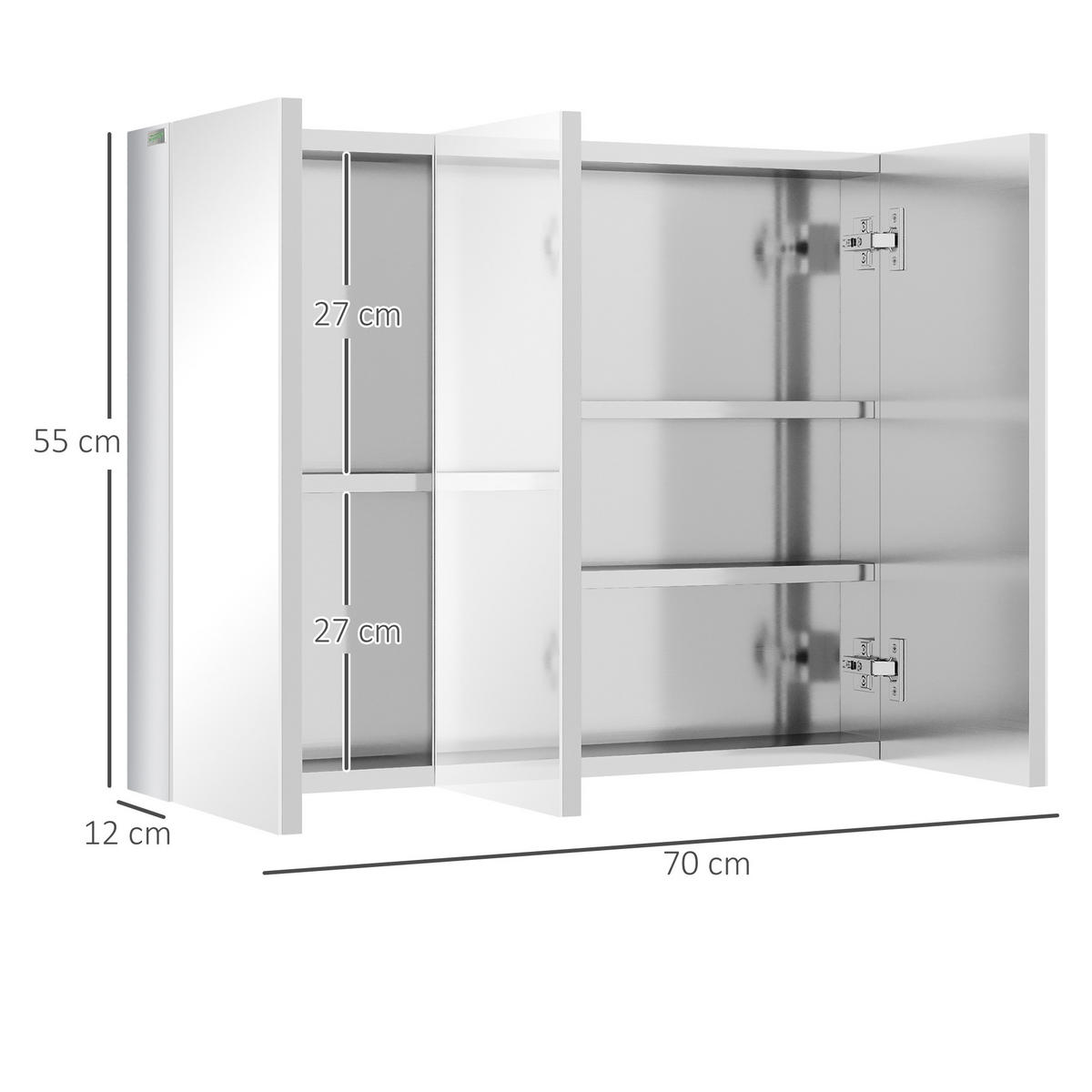 SPIEGELSCHRANK mit 5 Ablagen, 3 Glastüren, Edelstahl, 70 x 12 x 55 cm, Silber - Silberfarben, Glas (70/55/12cm) - Kleankin