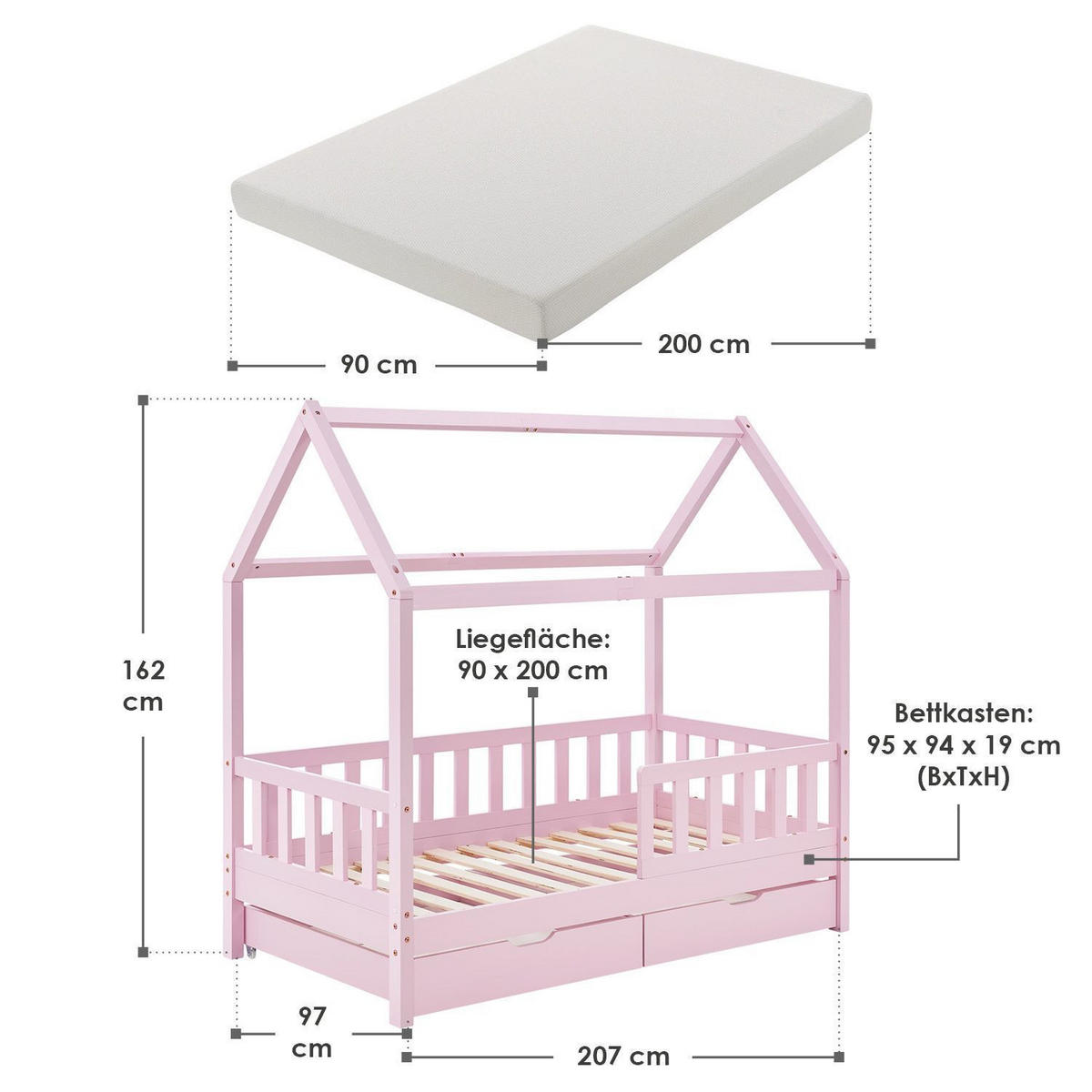 KINDERBETT Marli mit Matratze und Bettkasten rosa 90x200 cm - Rosa, Holz (90/200cm) - Juskys