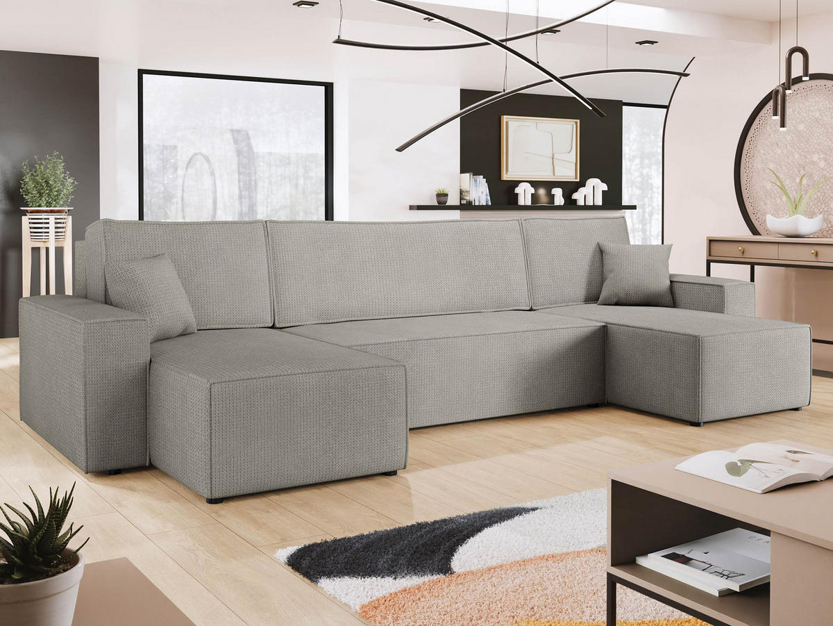 WOHNLANDSCHAFT Karl U - Hellgrau/Schwarz, Holz/Kunststoff (312/82/145cm) - MIRJAN24