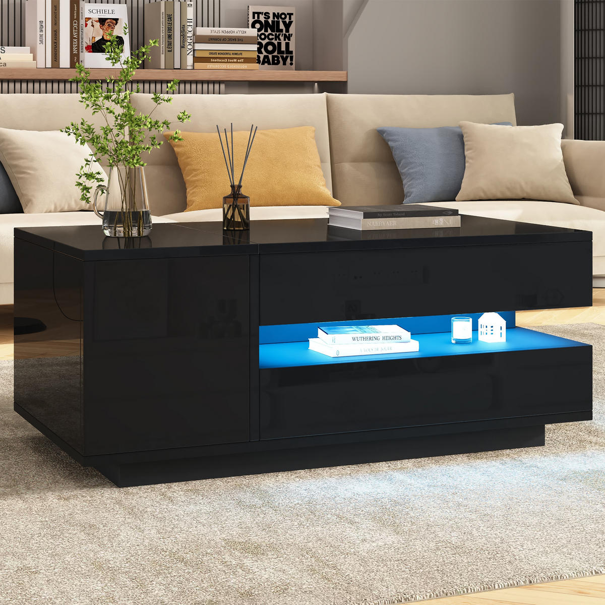 COUCHTISCH mit Hebefunktion LED 1 Schublade 1 Schrank und Stauraum 95/50/40 cm - Schwarz, Holzwerkstoff (95/50/34.5cm) - EVRYAE