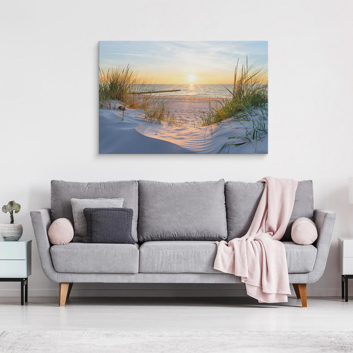 LEINWANDBILD Sonnenaufgang Meer 70x50 Natur Strand Wanddekoration Wohnzimmer - Blau/Beige, Holz/Textil (70/50cm) - Muralo