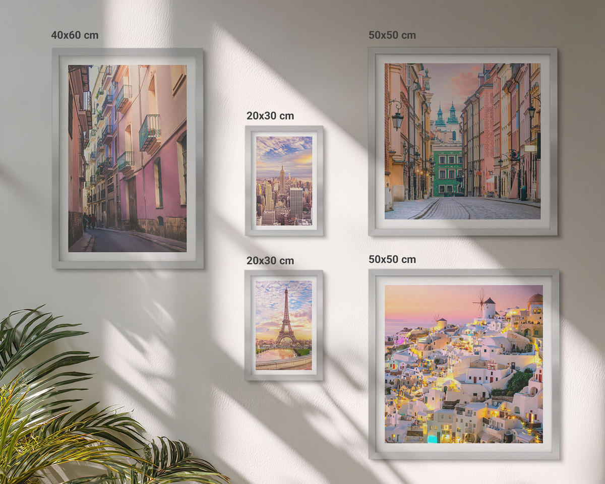 WANDBILDER 5er Set - 50x50 cm & 20x30 cm & 40x60 cm Silberner Rahmen - New York Paris Oia Warschau Dämmerung - Silberfarben, Kunststoff (40/60cm) - ArtPrintCave