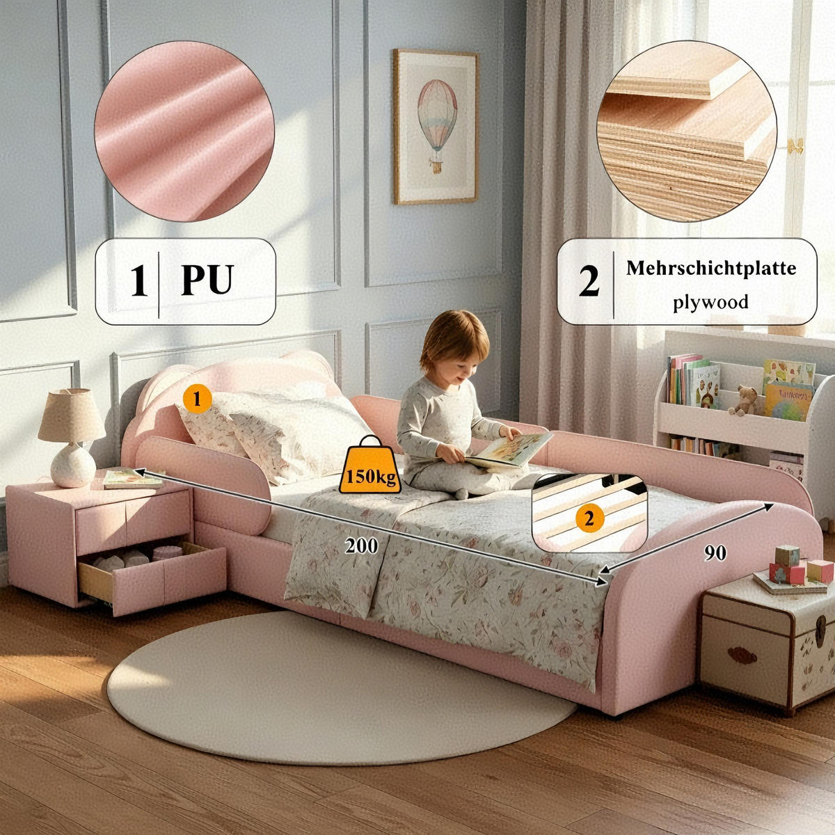POLSTERBETT 90/200 cm in Pink mit Nachttisch und Stoßschutz - Rosa, Holzwerkstoff/Textil (90/200cm) - WISHDOR