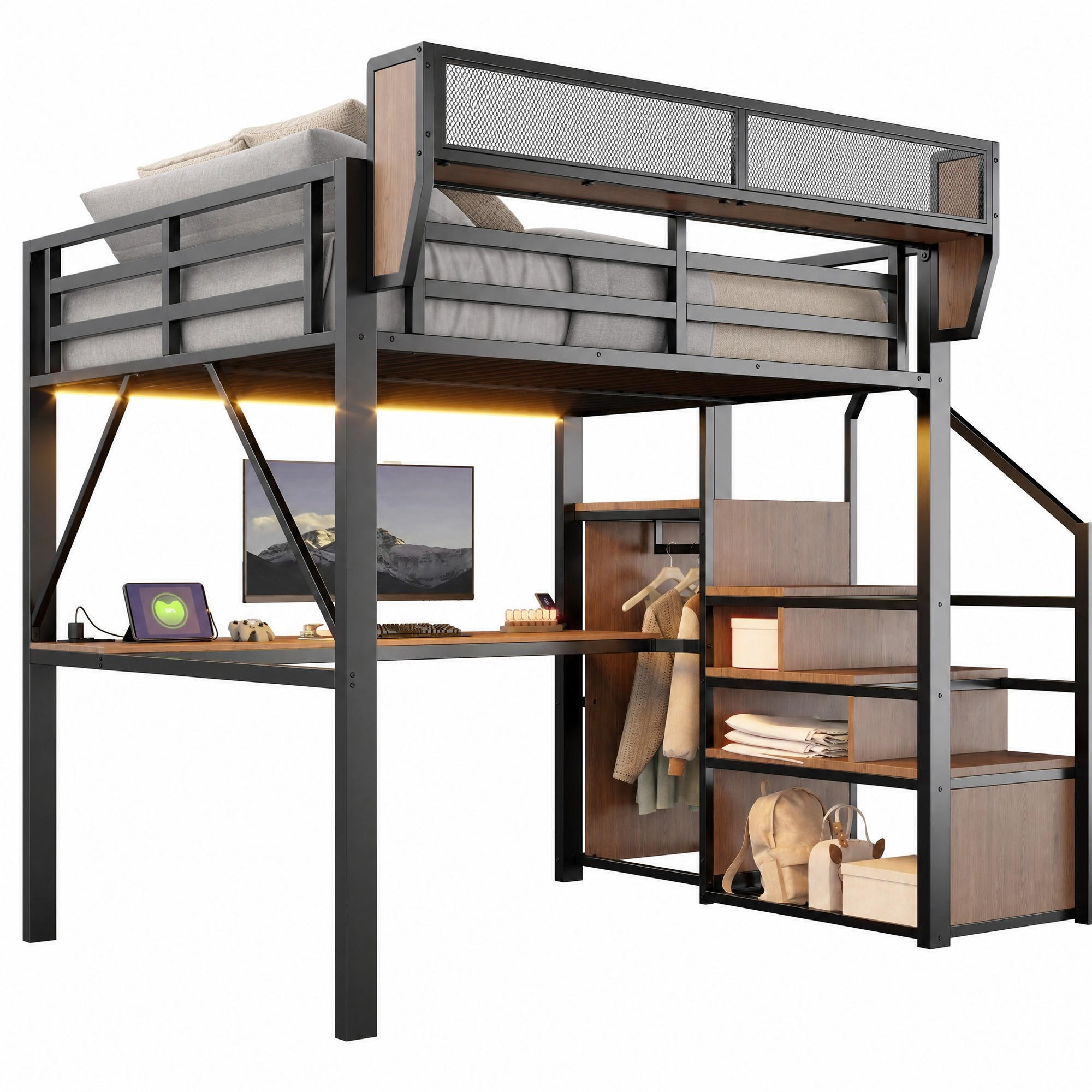 HOCHBETT 140/200 cm in Schwarz mit LED, Schreibtisch, Sicherheitsleiter und Regal aus Metall - Schwarz, Holzwerkstoff/Metall (140/200cm) - CHICFURN