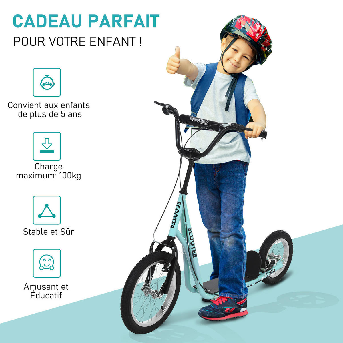 KINDERSCOOTER DE-16920 Große Luftreifen 40/30 cm Himmelblau/Schwarz - Blau, Metall (135/58/94cm) - ComfortXL