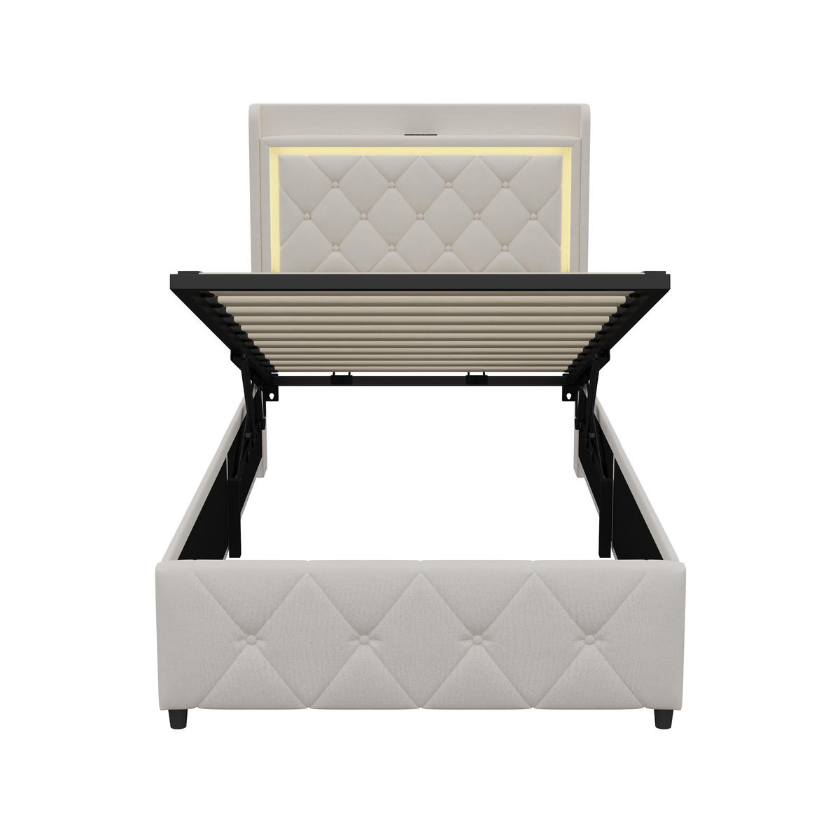 POLSTERBETT 90x200 cm LED Bettkasten USB Samt beige - Beige, Holz (90/200cm) - LEBENLANG