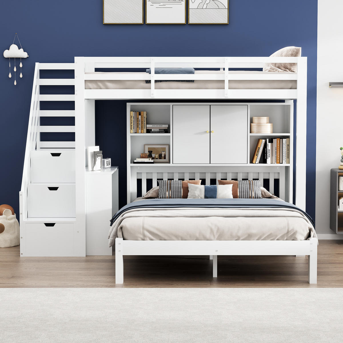 ETAGENBETT 90/200 cm und 140/200 cm weiß aus Massivholz und MDF mit Stauraumtreppe - Weiß, Holz (90/200cm) - OKWISH