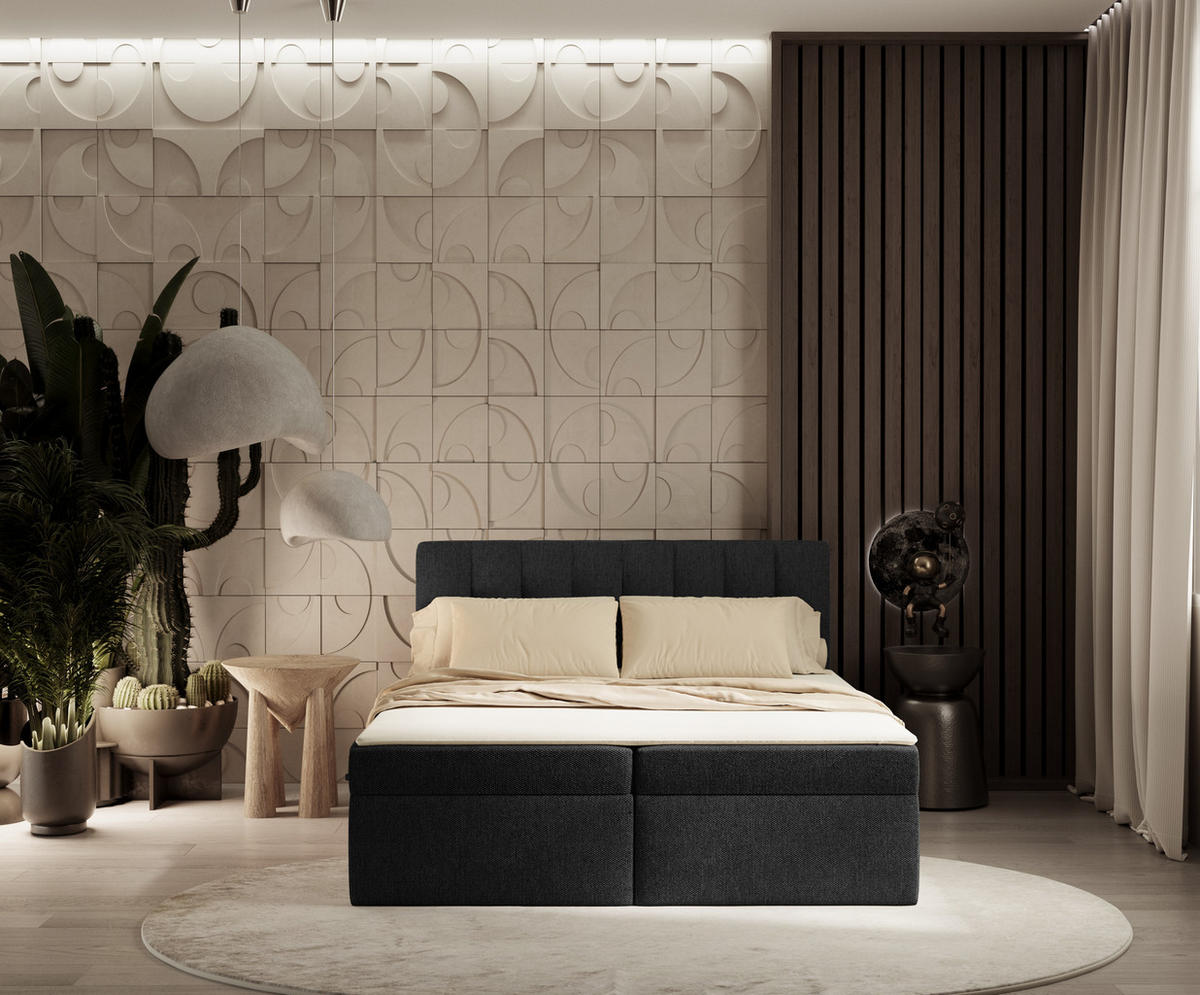 BOXBETT Novento Schwarz 140/200 cm mit Matratze und Topper - Schwarz, Holz/Holzwerkstoff (140/200cm) - Maison de Reve