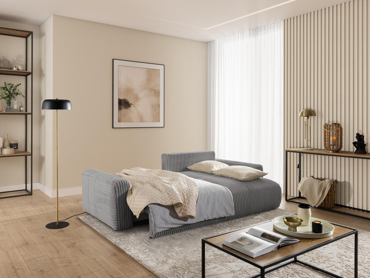 ECKSOFA Calma mit Schlaffunktion und Bettkasten im Bumpy-Design aus weichem Grau Plüschcord - Ottomane rechts - Schwarz/Grau, Holz/Kunststoff (140/239cm) - S-Style