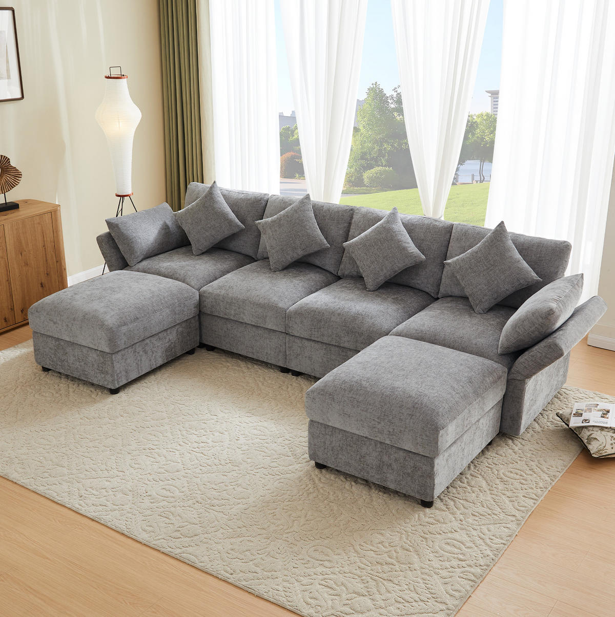MODULARES Ecksofa 284/156,5/86 cm aus Chenille mit verstellbaren Armlehnen Grau - Grau, Textil (156.5/284cm) - Modenvie