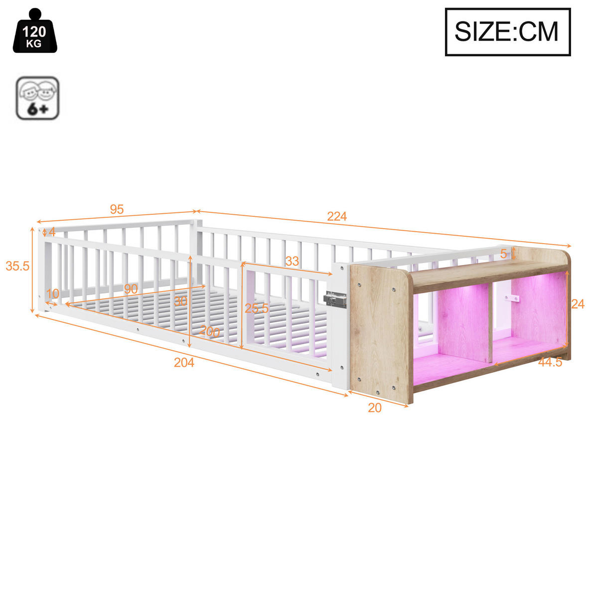 KINDERBETT 90/200 cm in Weiß mit Schutzgeländer, LED-Beleuchtung und Staufach - Weiß, Holzwerkstoff (90/200cm) - BEAOK