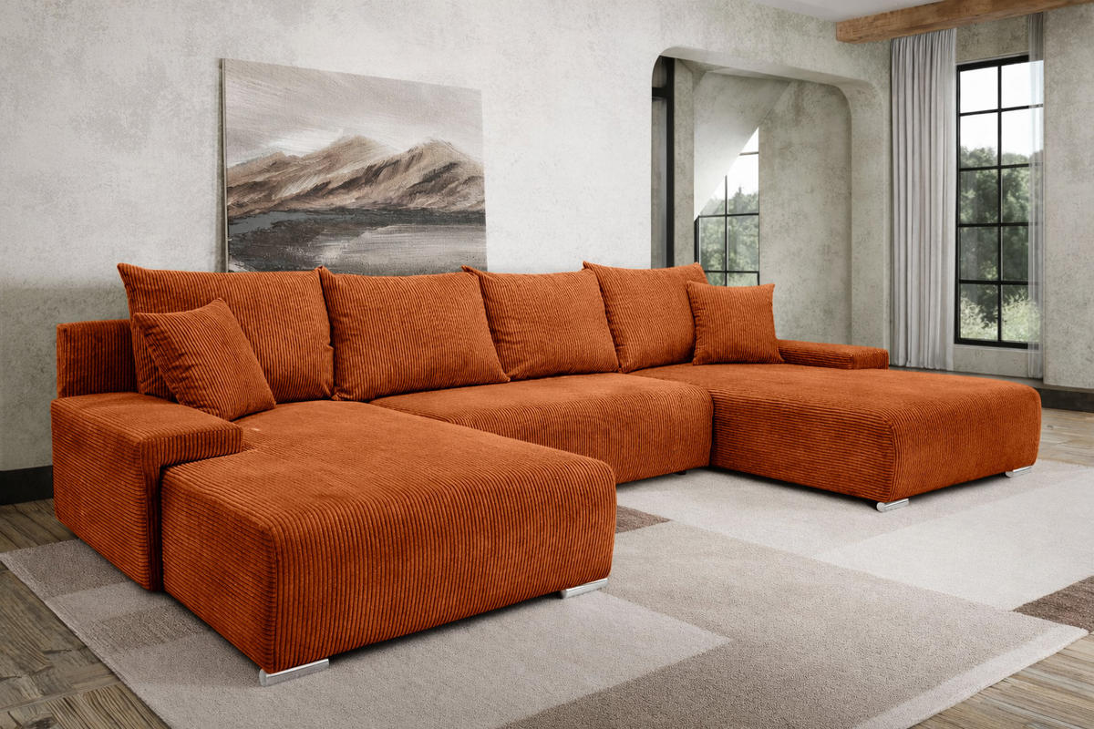 ECKSOFA U-Form Livorno Schlaffunktion Cord-Stoff Kupfer - Chromfarben/Schwarz, Holz/Kunststoff (348/93/188cm) - Kaiser Möbel