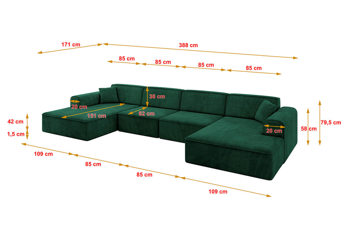 WOHNLANDSCHAFT IREA-U2-v3 - 388x171x79 cm Grün - Smaragdgrün/Dunkelgrün, Holzwerkstoff/Textil (388/79/171cm) - ALTDECOR
