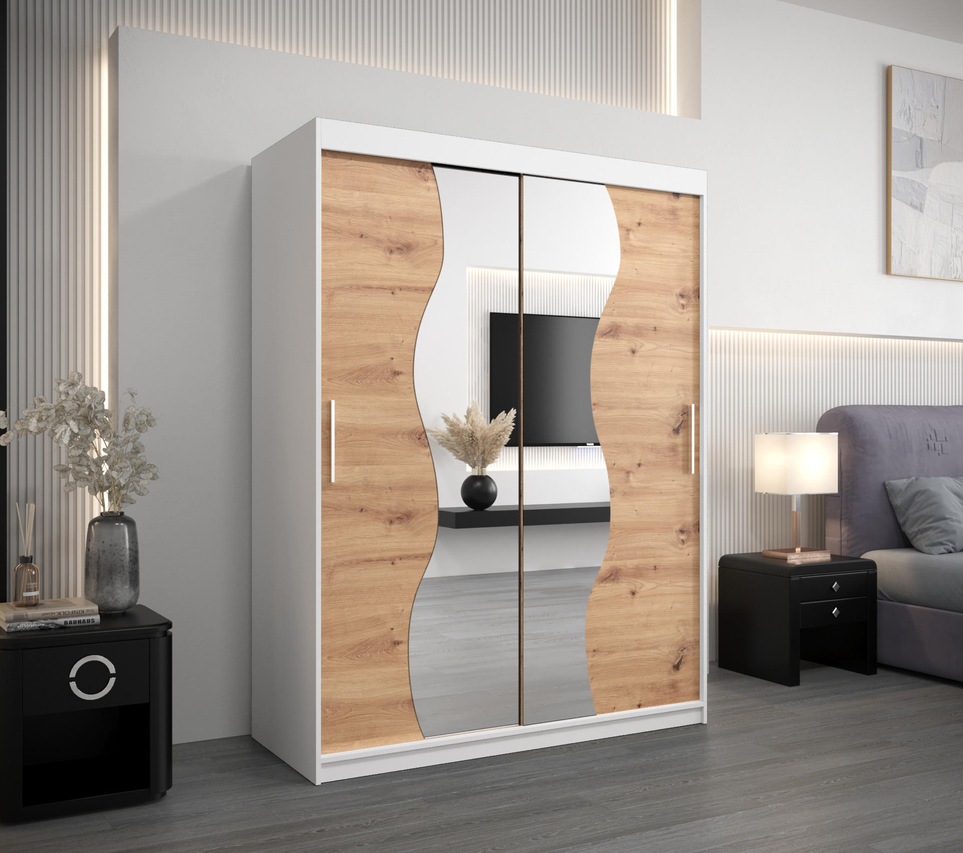 SCHWEBETÜRENSCHRANK 200/150/62 2-türig - Silberfarben/Eiche Artisan, Holz/Kunststoff (150/200/62cm) - Abiks Möbel