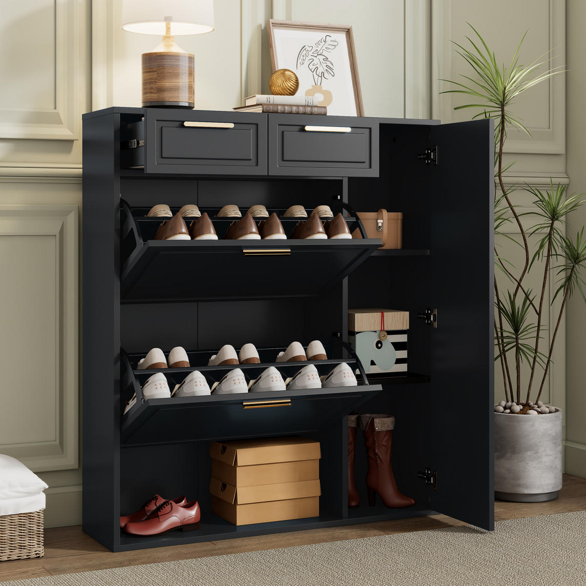 SCHUHSCHRANK 95/24/107 cm in Schwarz mit Schubladen und verstellbaren Regalen - Schwarz, Holzwerkstoff (95/107/24cm) - Flora Grace