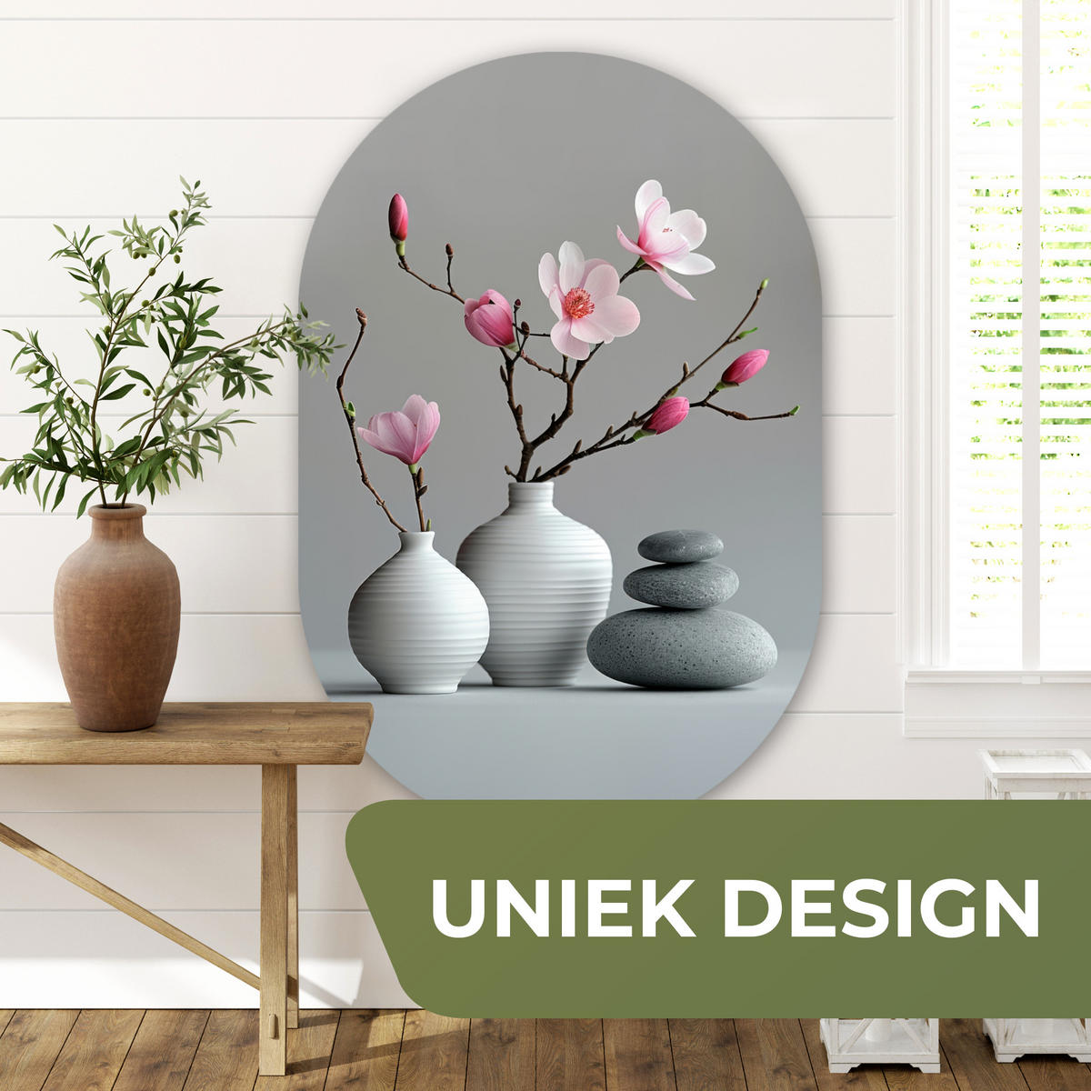 WANDBILD Magnolie - Blumen - Rosa - Zen-Steine Deko Groß 80x120 cm - Hellgrau, Kunststoff (80/120cm) - MuchoWow
