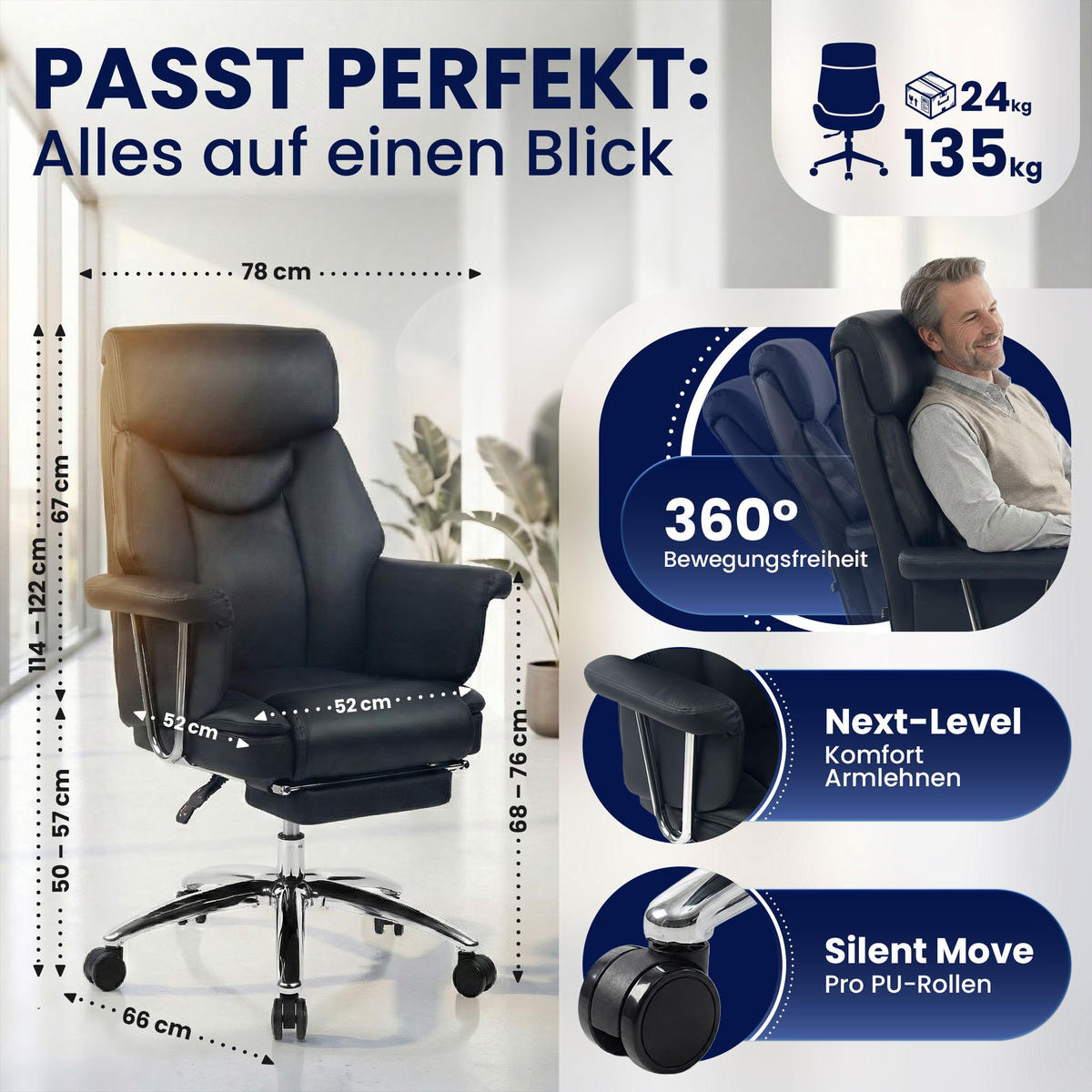 CHEFSESSEL Echtleder Schwarz - Chromfarben/Schwarz, Leder/Metall (78/114/66cm) - CLP