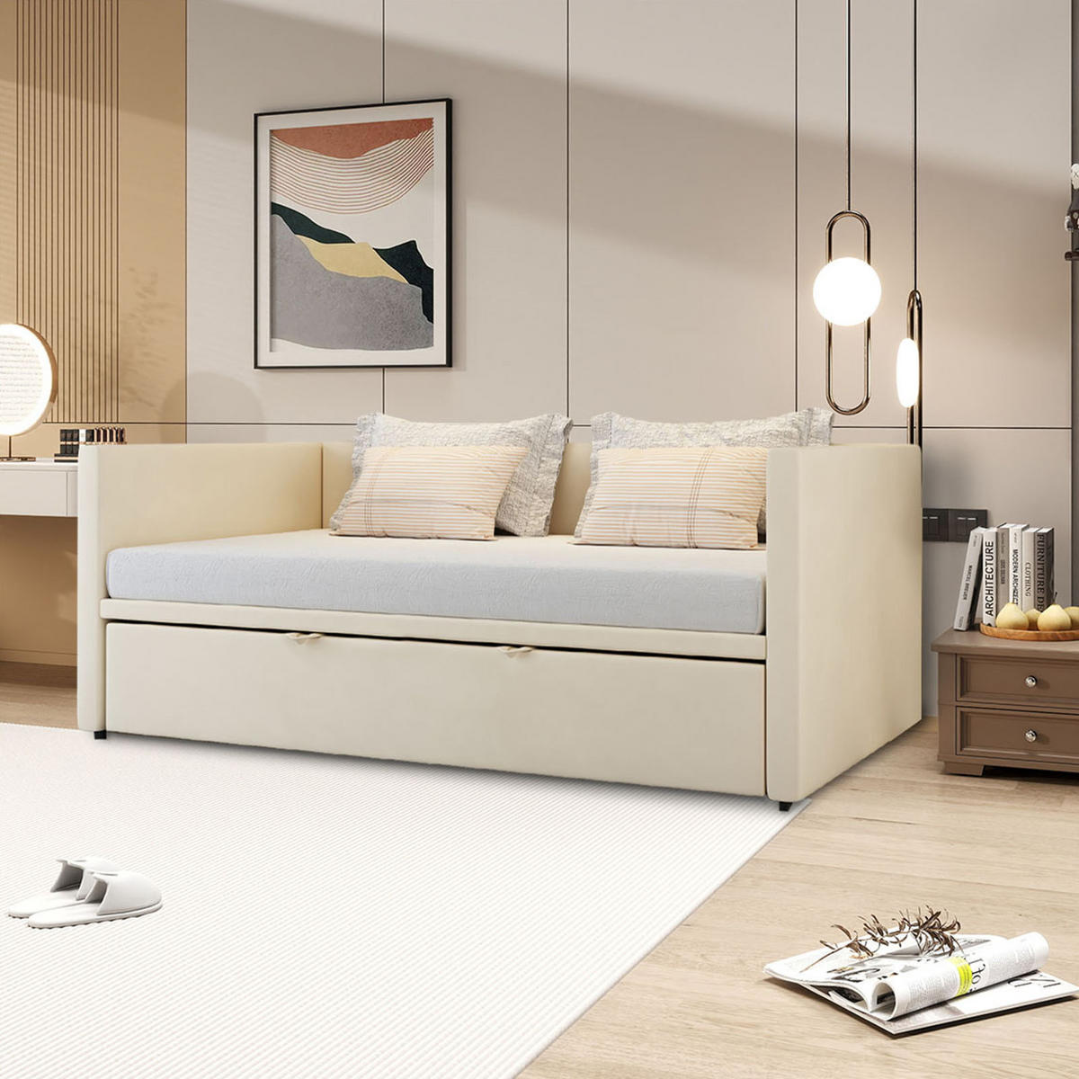SCHLAFSOFA 90/200 cm beige mit Liegefunktion und Stauraum - Beige, Holz