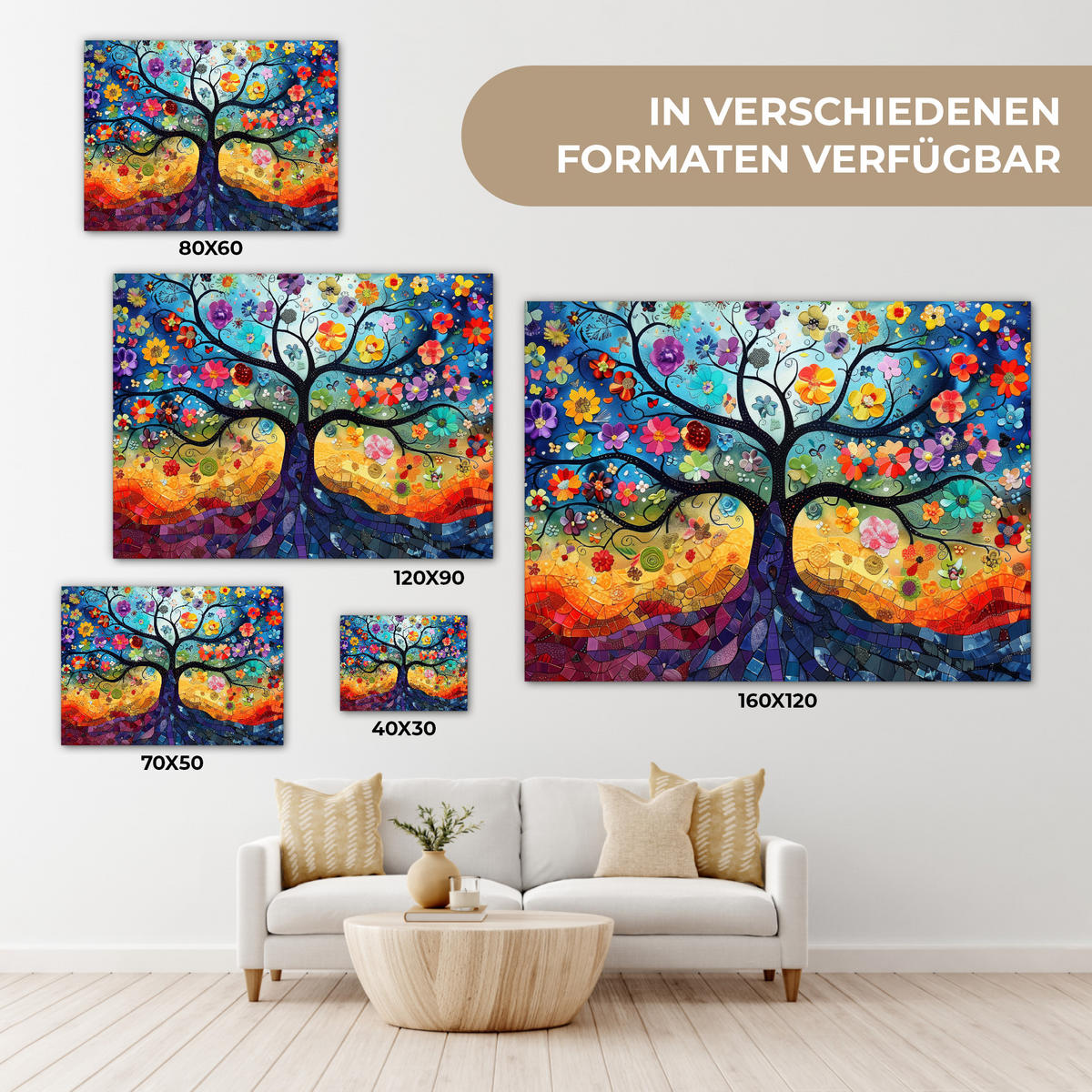 LEINWANDBILD Kunst - Baum des Lebens - Blumen - Hippie Wandbilder 80x60 cm - Dunkelblau, Textil (80/60cm) - MuchoWow