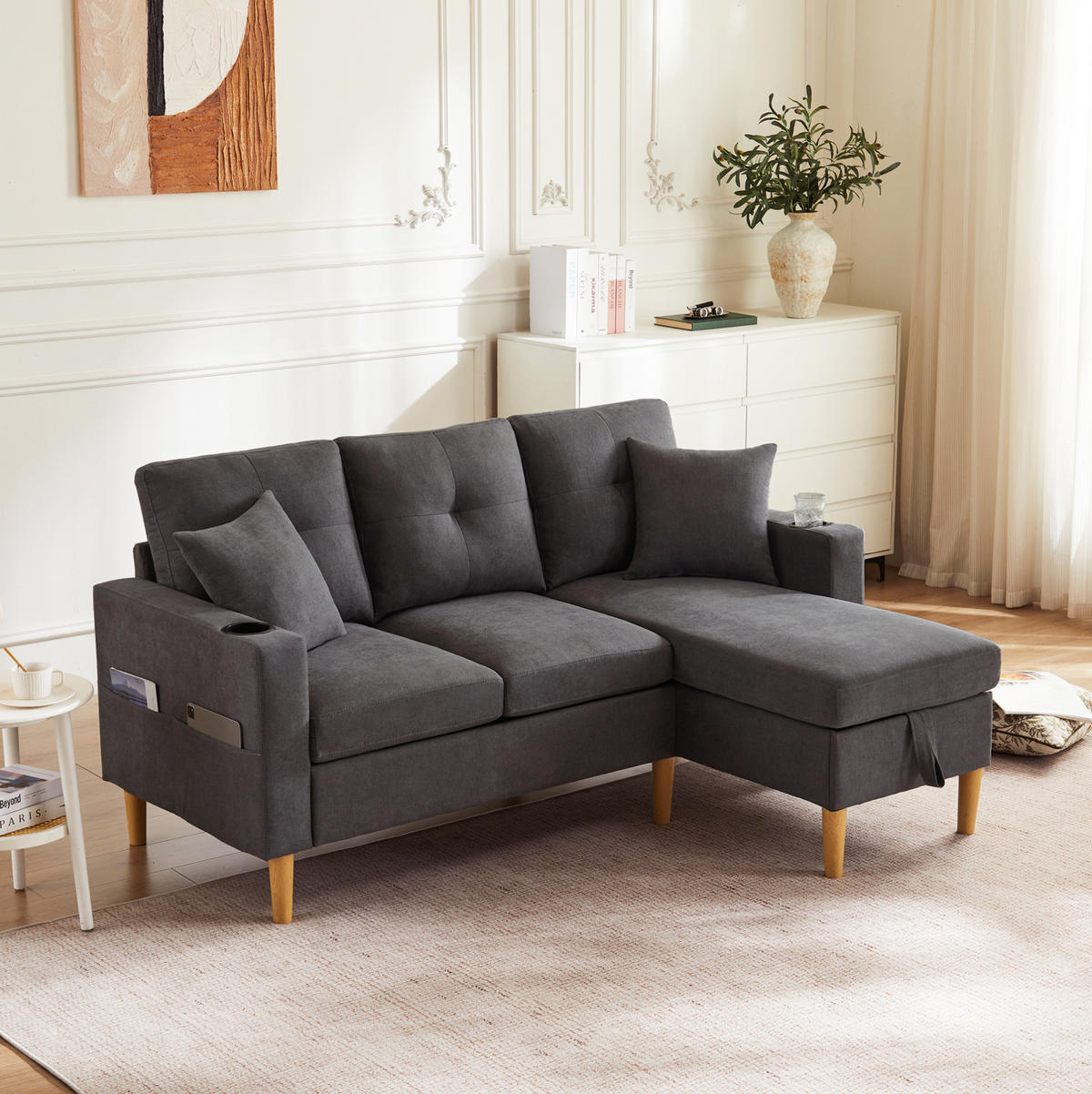 ECKSOFA Baumwoll-Leinen mit Stauraum und Getränkehaltern 175/129/90 cm Dunkelgrau inklusive 2 Kissen - Dunkelgrau, Textil (175/129cm) - Redom