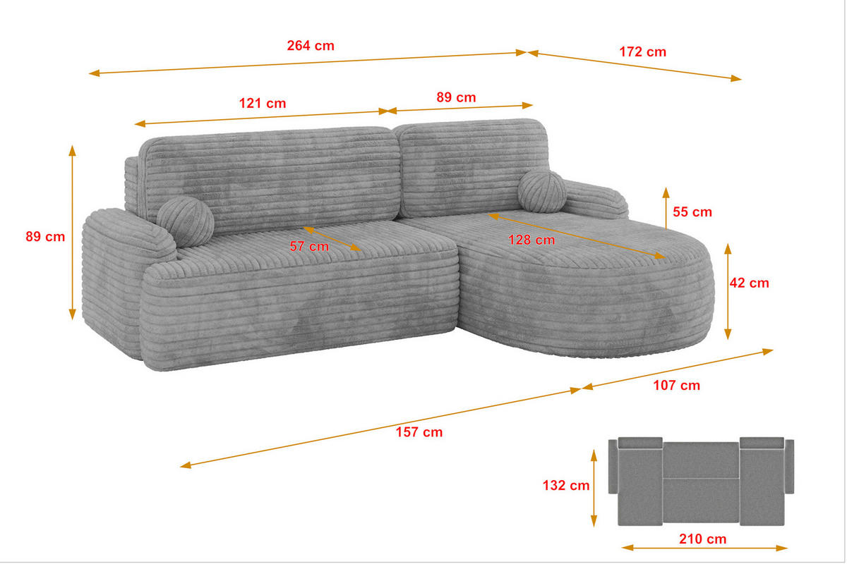ECKSOFA mit Schlaffunktion und Bettkasten LIRA-L - 264x172x89 Hellgrau - Hellgrau, Holzwerkstoff/Textil (172/264cm) - ALTDECOR