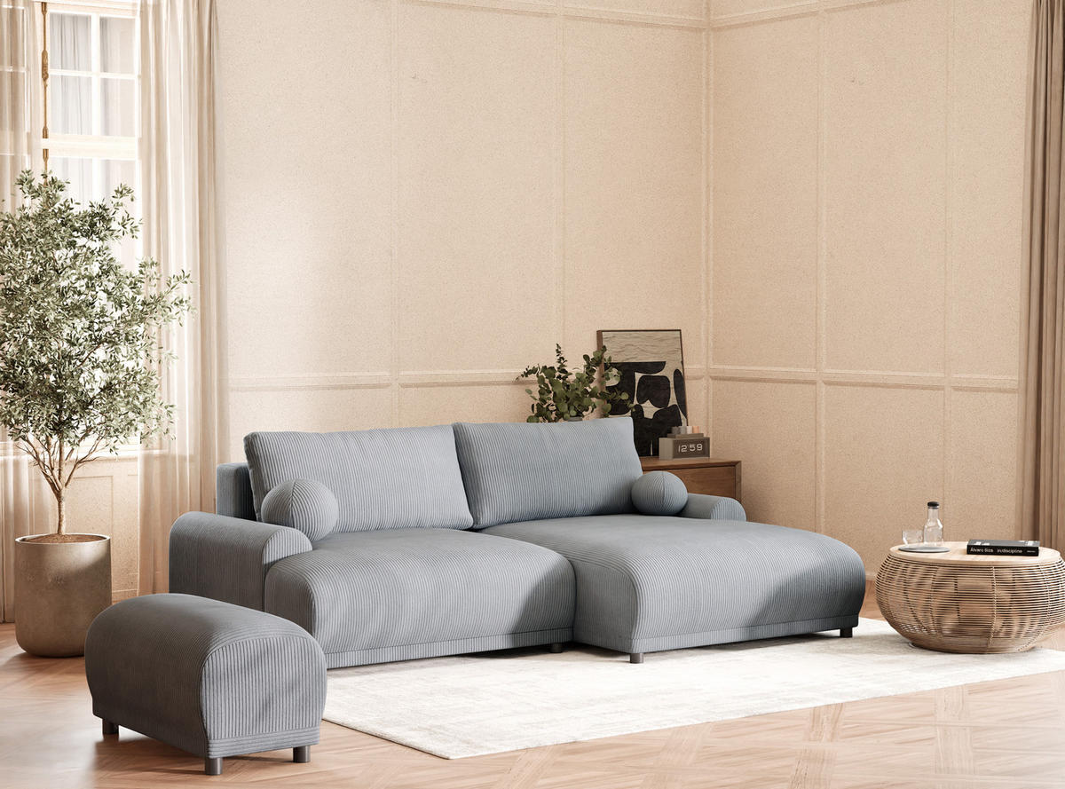 ECKSOFA MIT SCHLAFFUNKTION Tallin Hellgrau Samtstoff - Blaugrau/Schwarz, Holz/Holzwerkstoff (240/145cm) - Maison de Reve