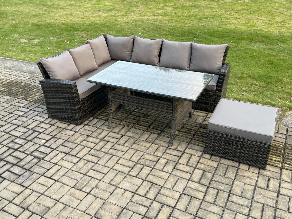 GARTENLOUNGE mit Ecksofa Polyrattan Dunkelgrau 7-Sitzer - Dunkelgrau/Grau, Glas/Kunststoff - Fimous