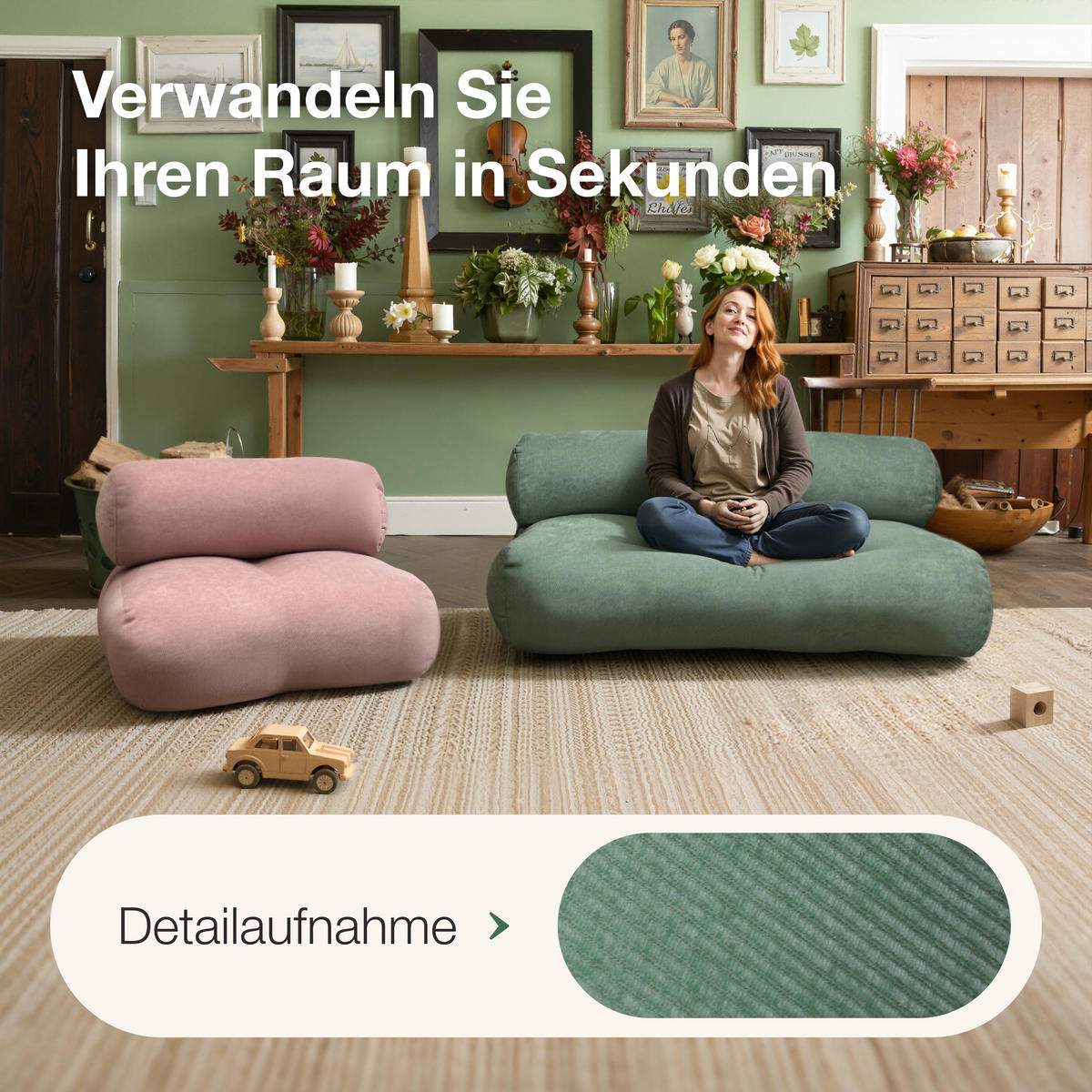 BODENSOFA Grün, 120 cm - Grün, Textil (120/58/80cm) - Vercart