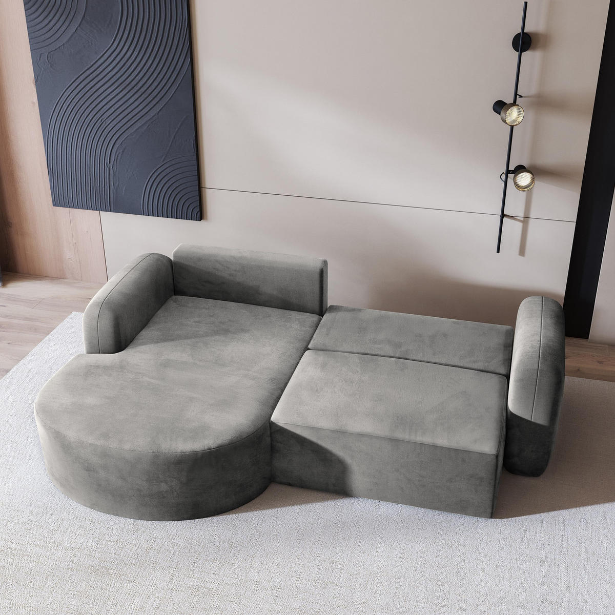 ECKSOFA AMILIA M L-S Hellgrau Velours-Stoff mit Schlaffunktion - Hellgrau, Holz (263/174cm) - MASSENO