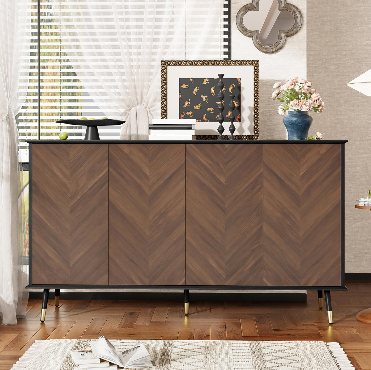 SIDEBOARD aus MDF 140x40x80 cm Schwarz/Braun mit 4 Türen, höhenverstellbaren Regalen und Soft-Close - Schwarz, Holzwerkstoff (140/80/40cm) - Modfu