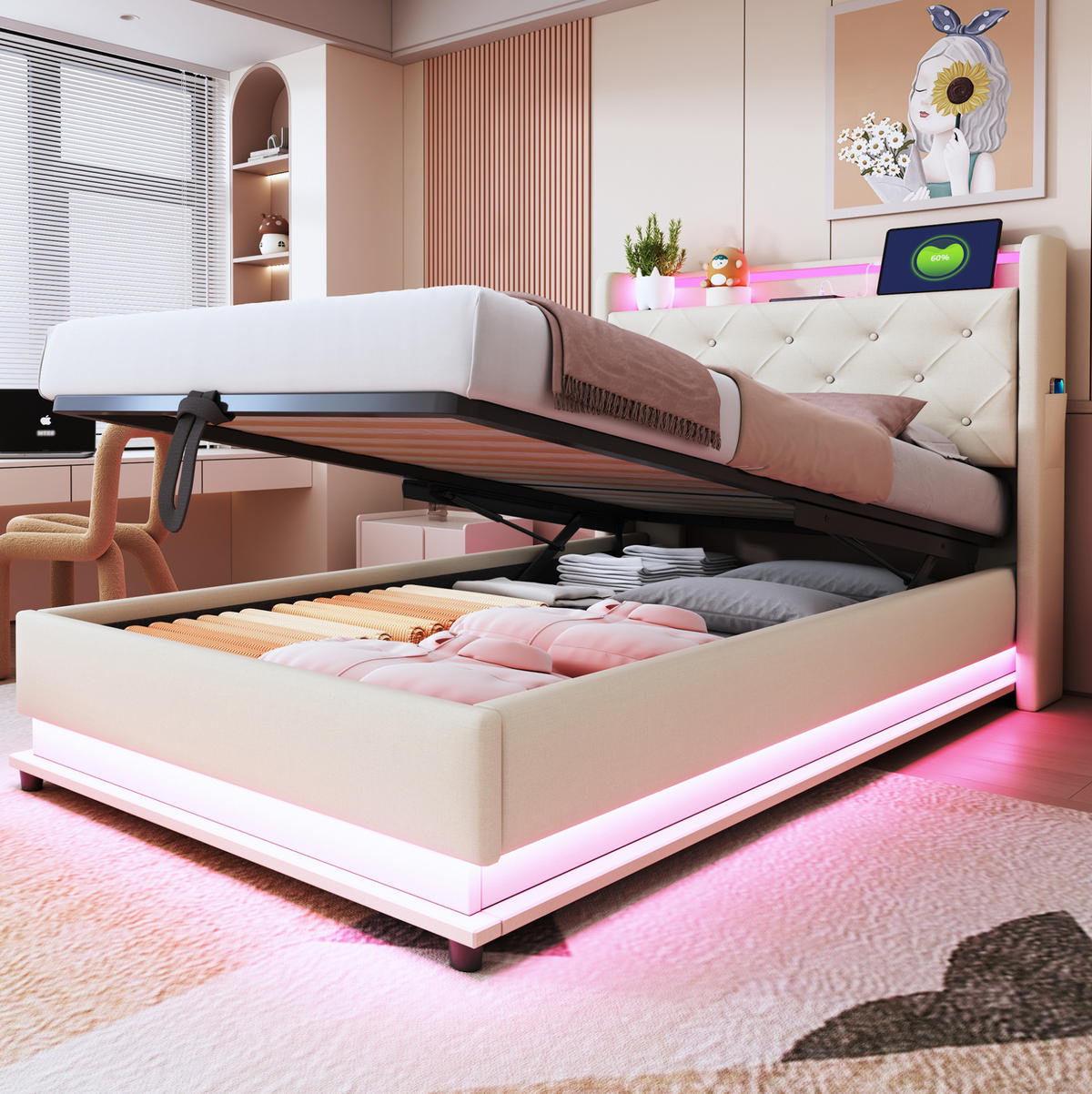 KINDERBETT 90/200 cm in Beige mit LED-Beleuchtung, Stauraum und USB- und Type-C-Anschlüssen - Beige, Textil (90/200cm) - Flora Grace