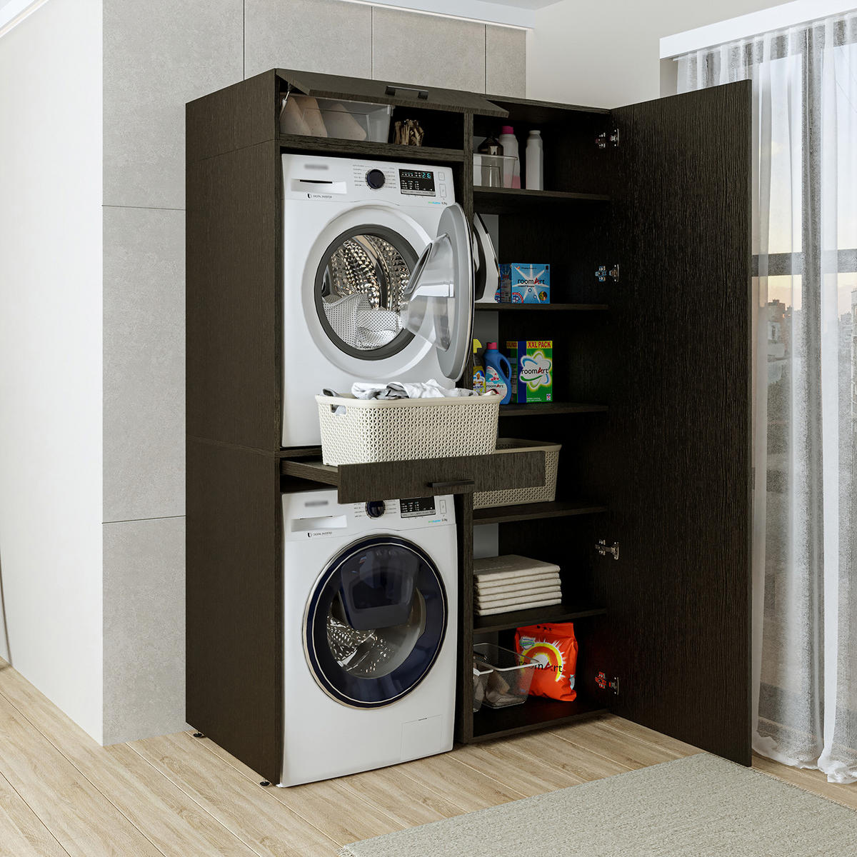 WASCHMASCHINENSCHRANK DUO-I 127cm Breit, 205cm Hoch - Schwarz, Holzwerkstoff (127/205/67cm)