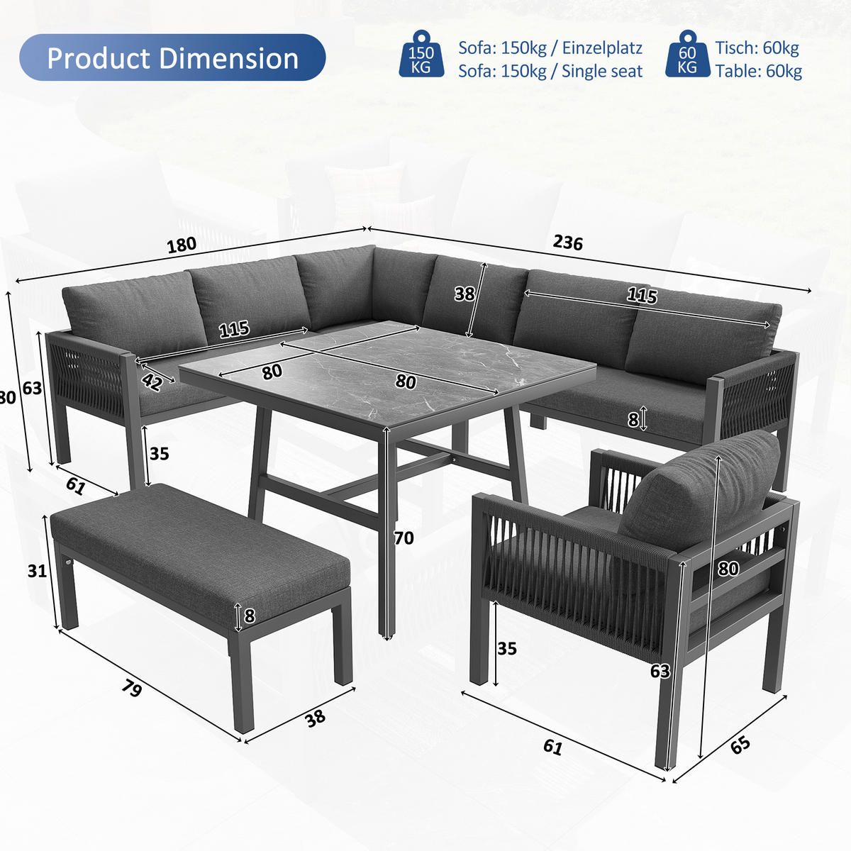 GARTENLOUNGE-SET, Eisen mit Marmorglas-Tisch, modular für 8 Personen, 118/61/80 cm, Grau - Grau, Metall - Redom