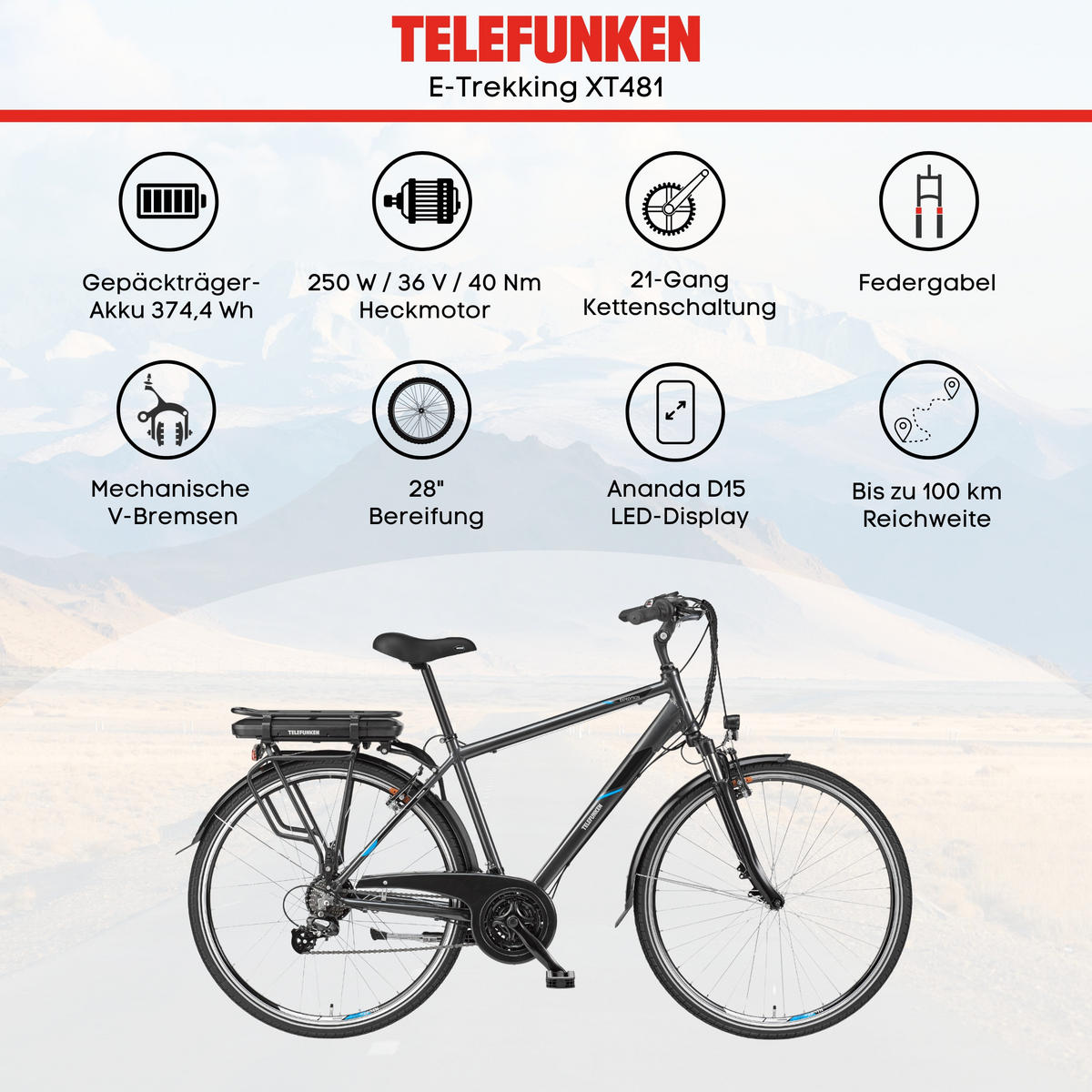 E-BIKE XT481 Trekking Elektrofahrrad 21-Gang Shimano Kettenschaltung, Pedelec, 10Ah, 36V Akku - Anthrazit, Metall (110cm) - Telefunken