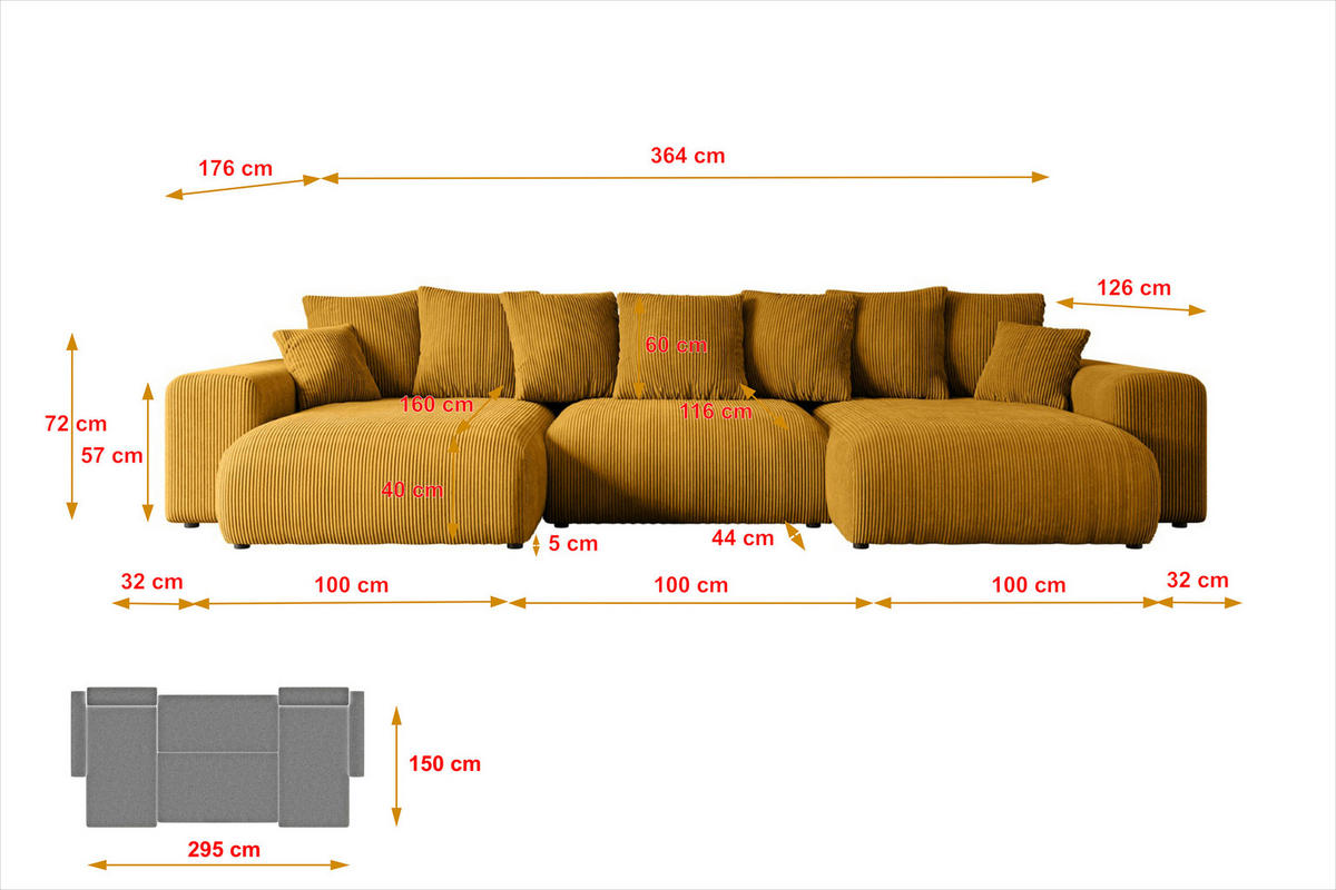 WOHNLANDSCHAFT mit Schlaffunktion ESKAR-U -364x176x72cm Gelb Cord - Gelb/Schwarz, Holzwerkstoff/Kunststoff (364/72/176cm) - ALTDECOR