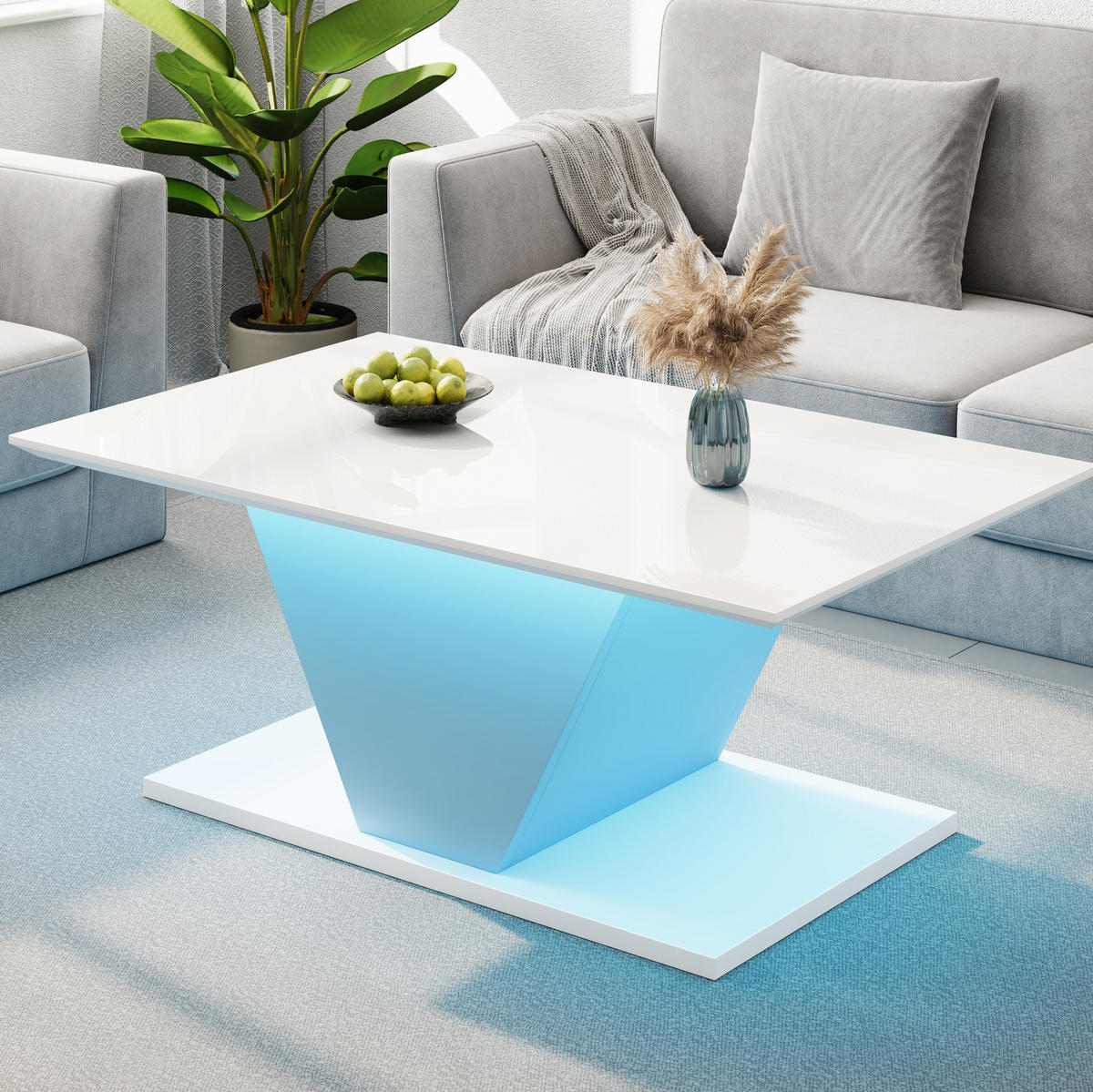COUCHTISCH mit LED 100 x 50 x 46 cm Hochglanz Weiß V-Form - Weiß, Holzwerkstoff (100/50/46cm) - Meubliv